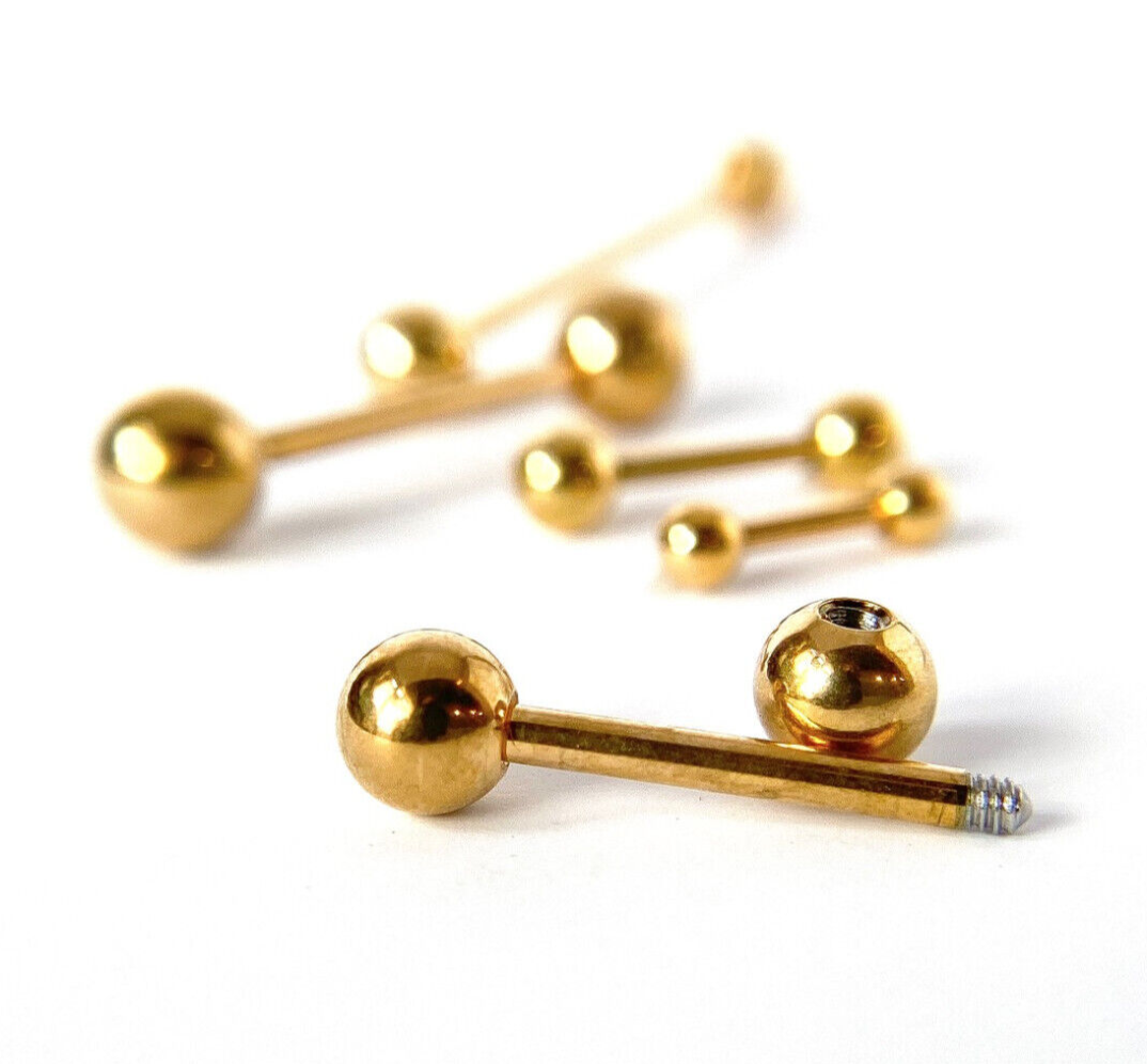 1pc Gold IP Straight Barbell Tongue, Industrial, Tragus, Eyebrow, Nipple Ring