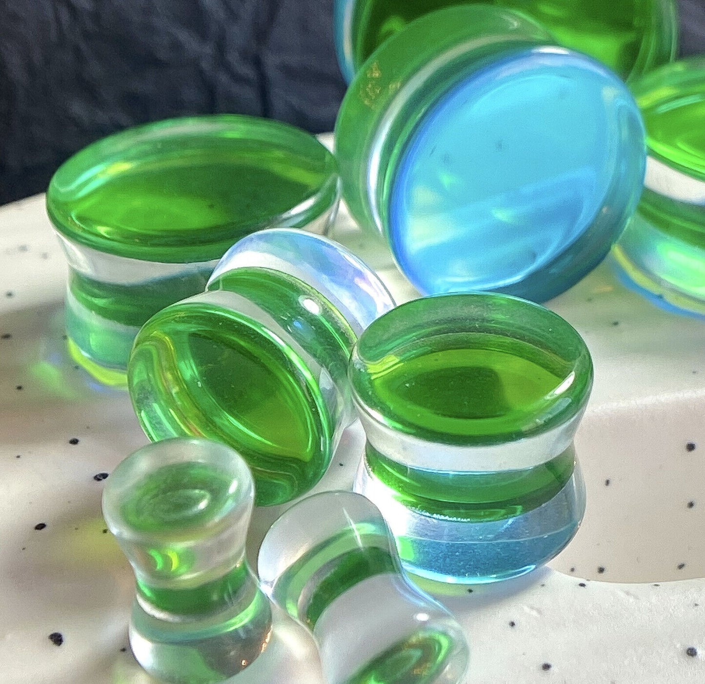 PAIR Green Iridescent Glass Double Flare Plugs Gauges Tunnels Body Jewelry