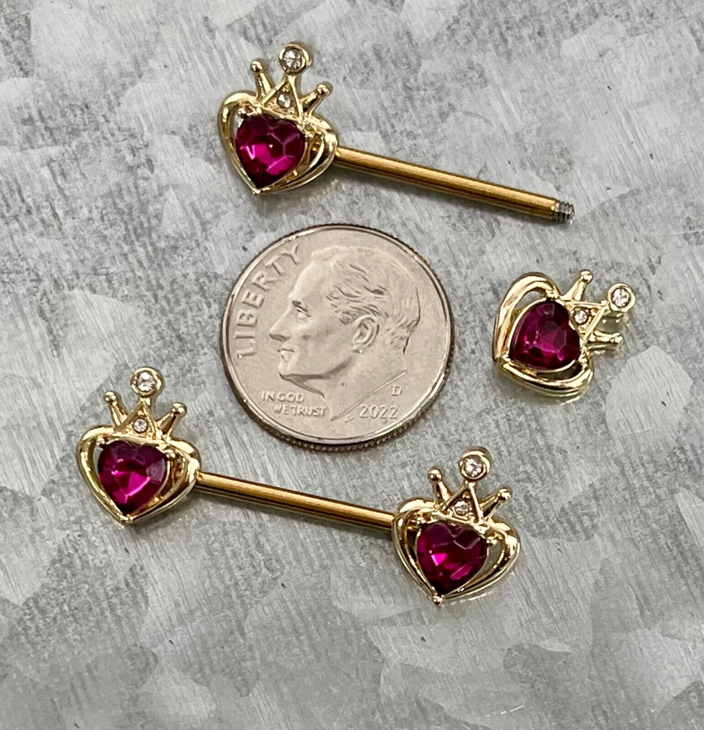 PAIR Gold Crown Fuchsia Heart Nipple Rings Surgical Steel Barbells Body Jewelry