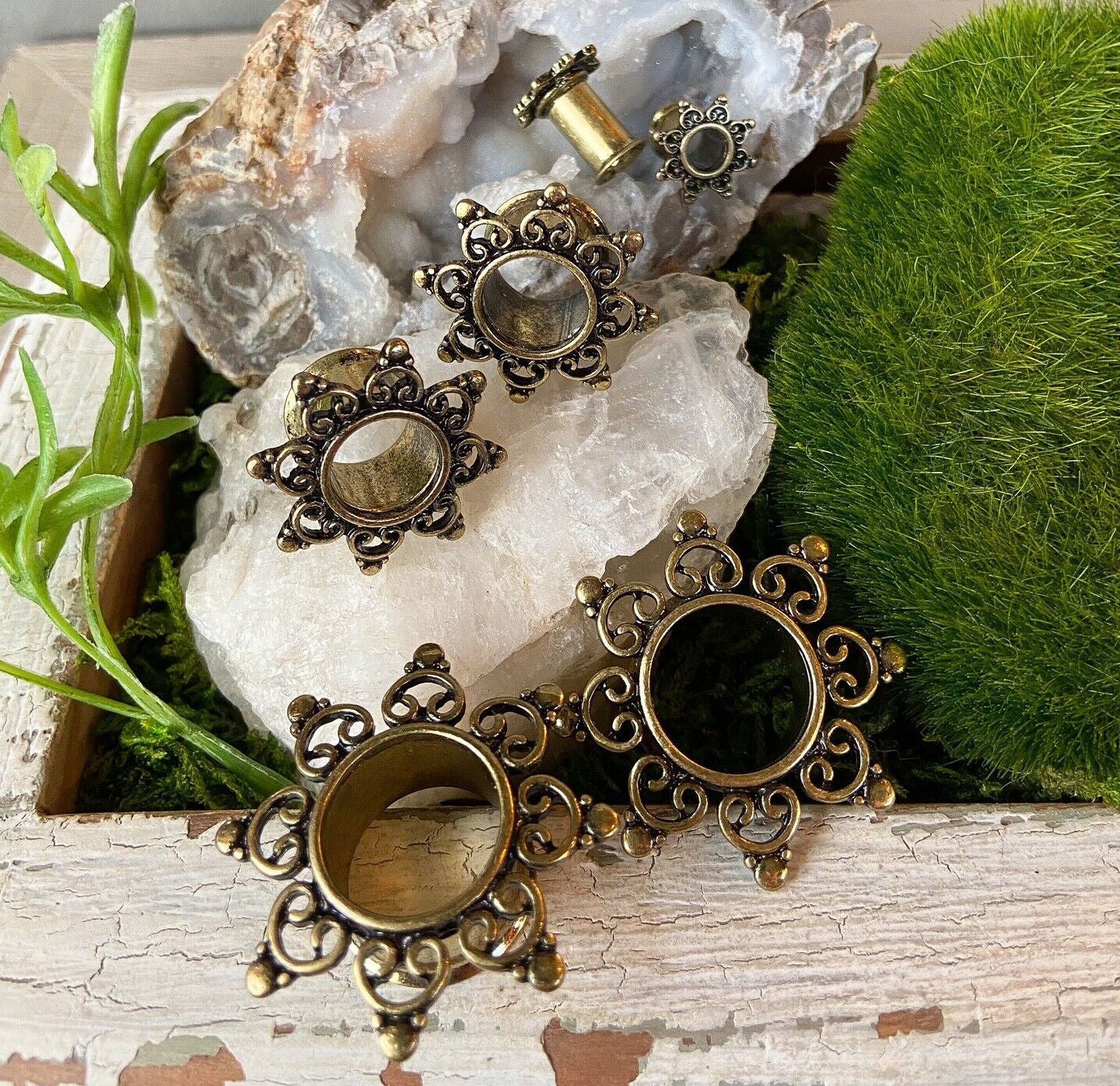 PAIR Antique Gold IP Tribal Sun Design Tunnels Plugs Earlets Gauges Body Jewelry