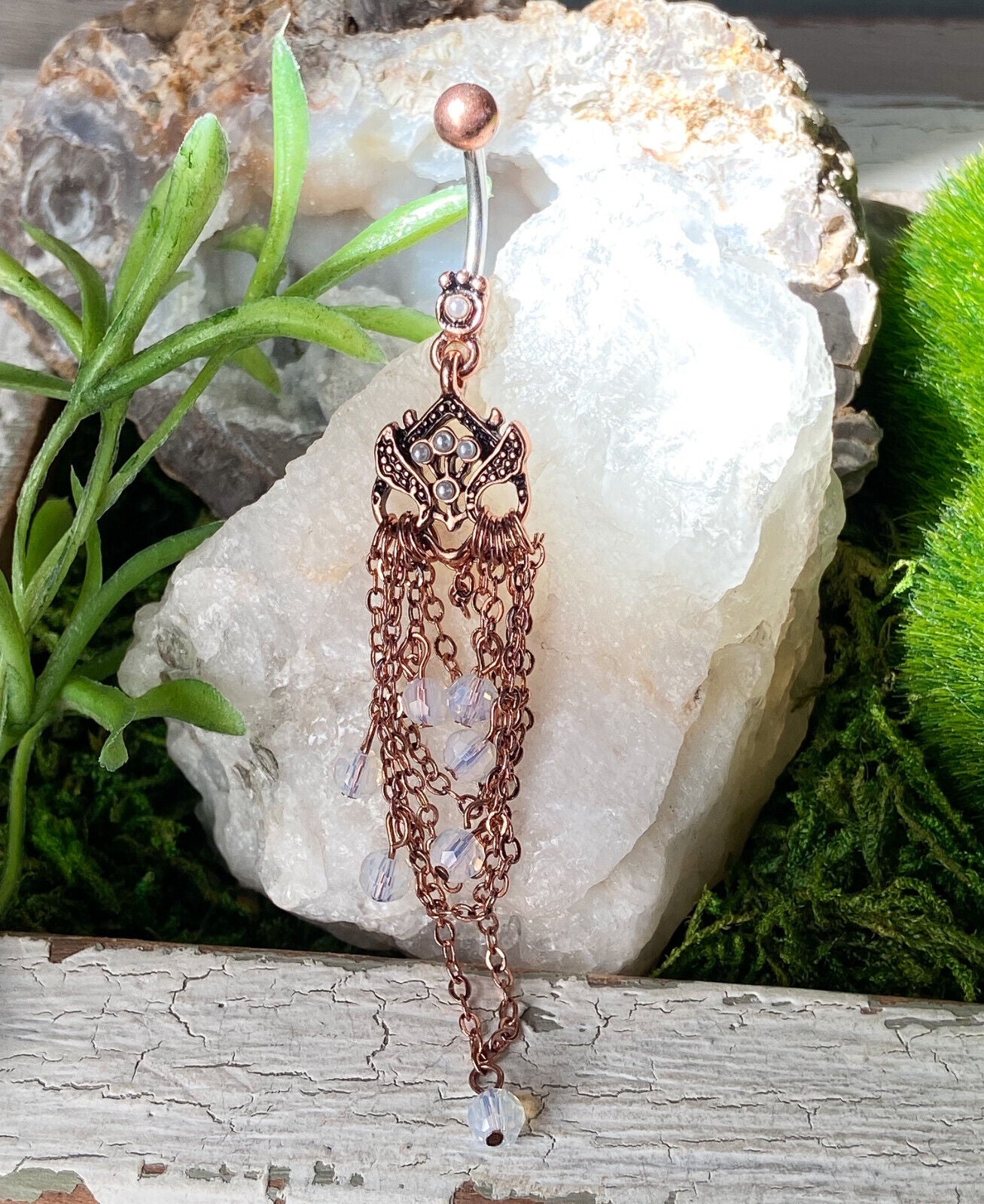 1pc Vintage Owl Chandelier Opal Bead Belly Ring Navel Piercing Naval Jewelry