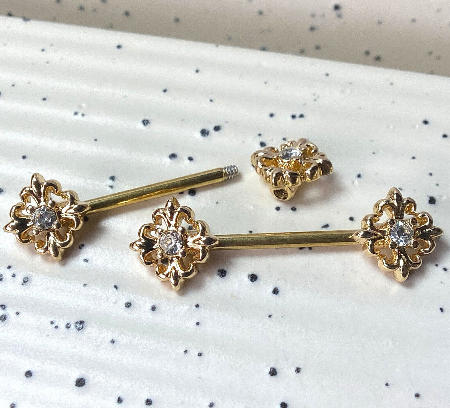 PAIR Fleur De Lis CZ Gem 14g Nipple Ring Barbells Shields Body Piercing Jewelry