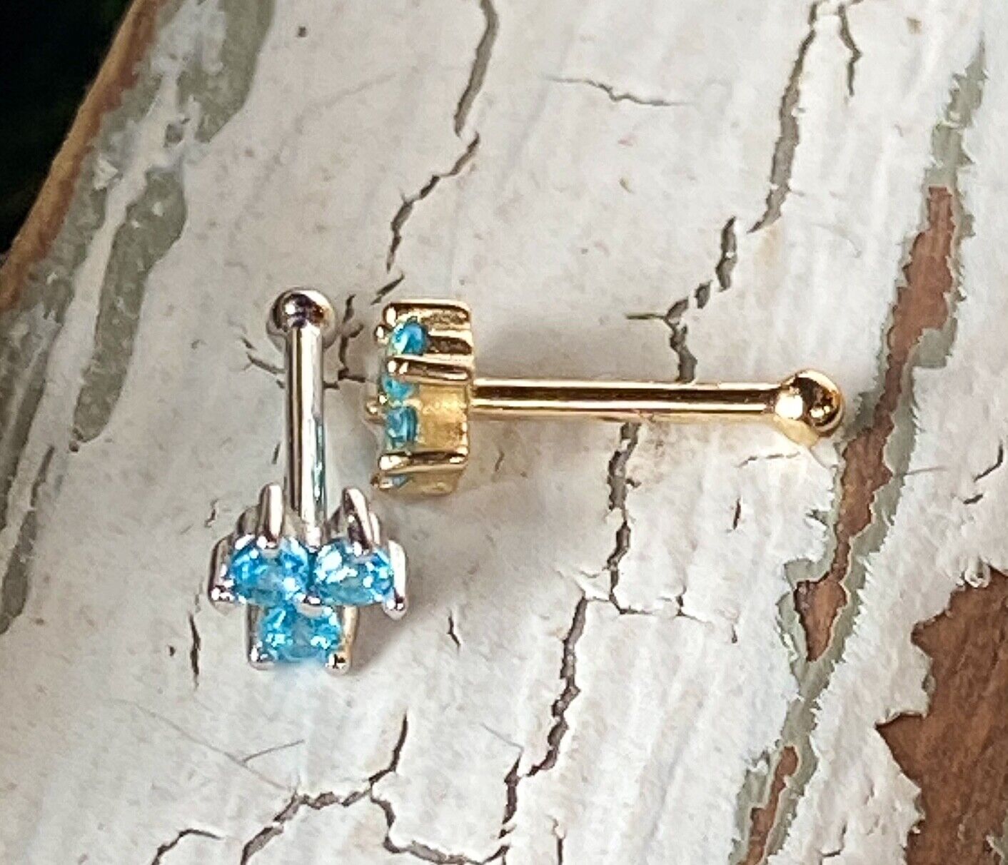 1pc Solid 14kt Yellow or White Gold 20g Trinity CZ Gems Nose Ring Stud Bone