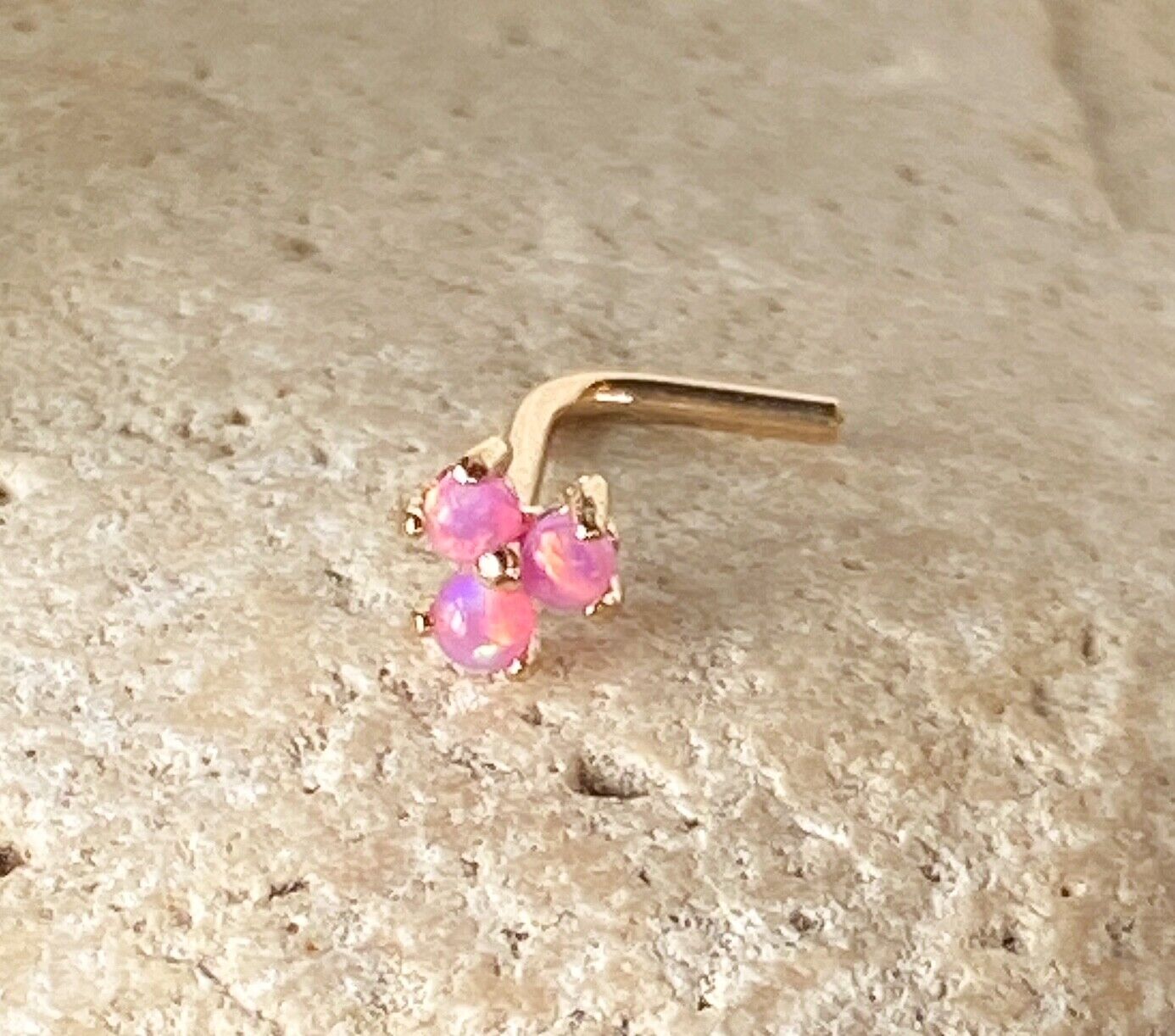 1pc Solid 14kt Yellow or White Gold 20g Trinity Synthetic Opals L-Bend Nose Ring