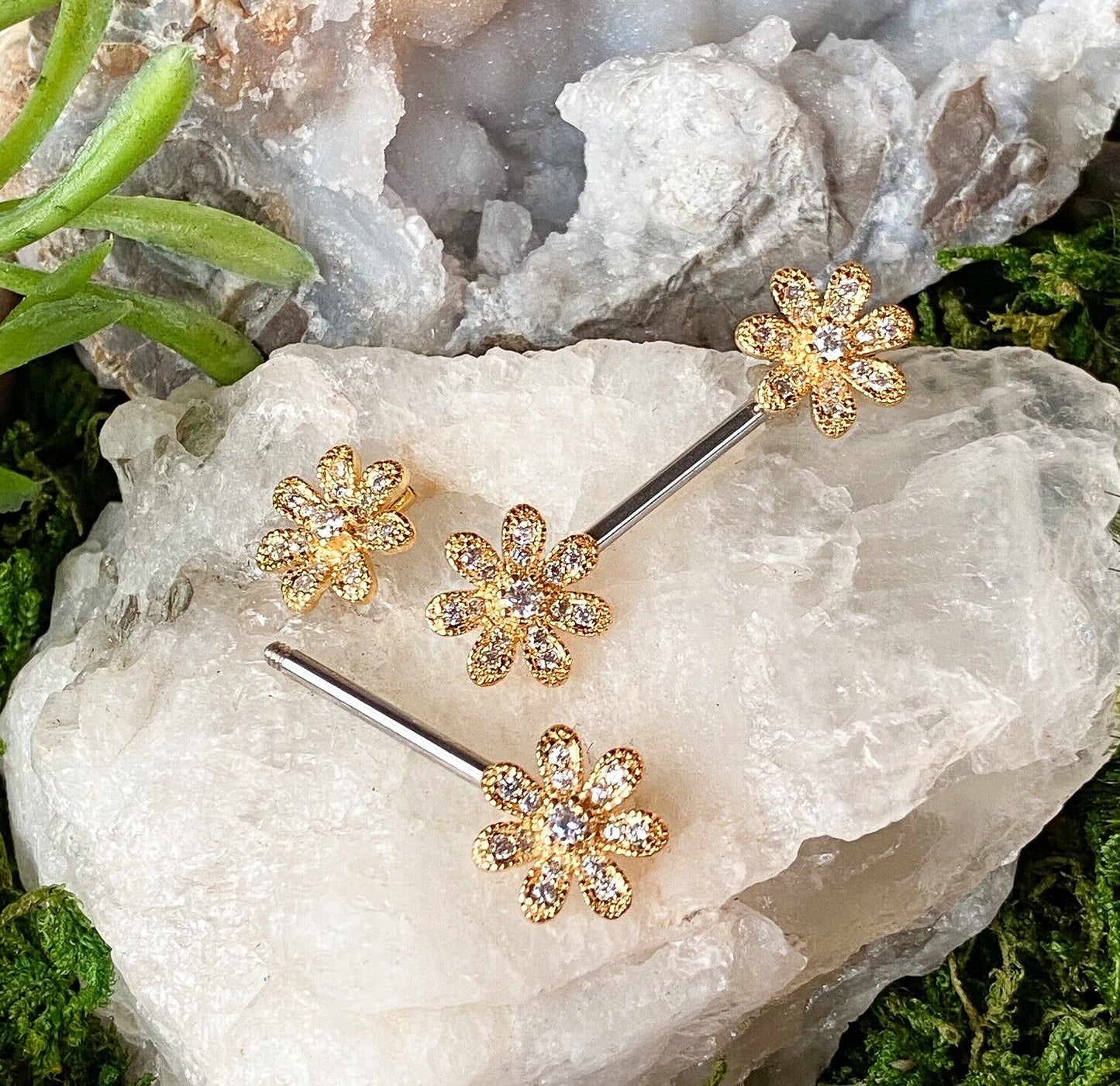 PAIR CZ Gem Paved Flower Nipple Barbell Rings Shields - Steel, Gold or Rose Gold