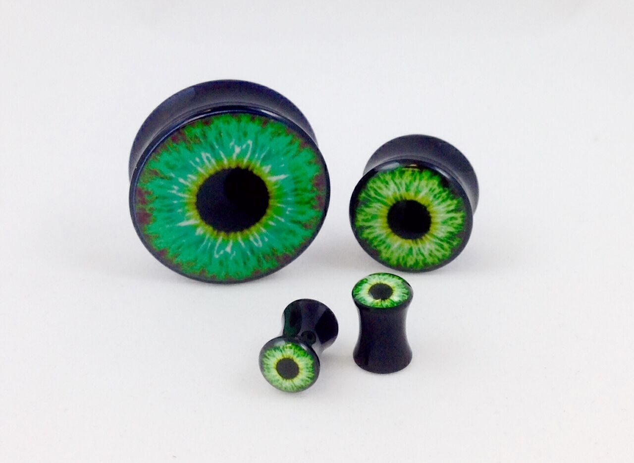 PAIR Green Eyeball Plugs Eye Ball Logo Double Flare Saddle Guages Gauges