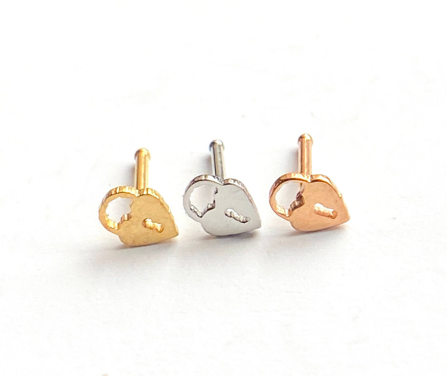 3pcs Heart Padlock Style Nose Rings Studs Bones 316L Surgical Steel Ion Plated