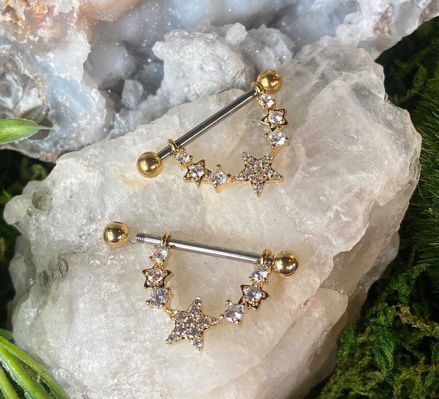 PAIR Gem Paved Stars Dangle Nipple Rings Shields Barbells Piercing Body Jewlery