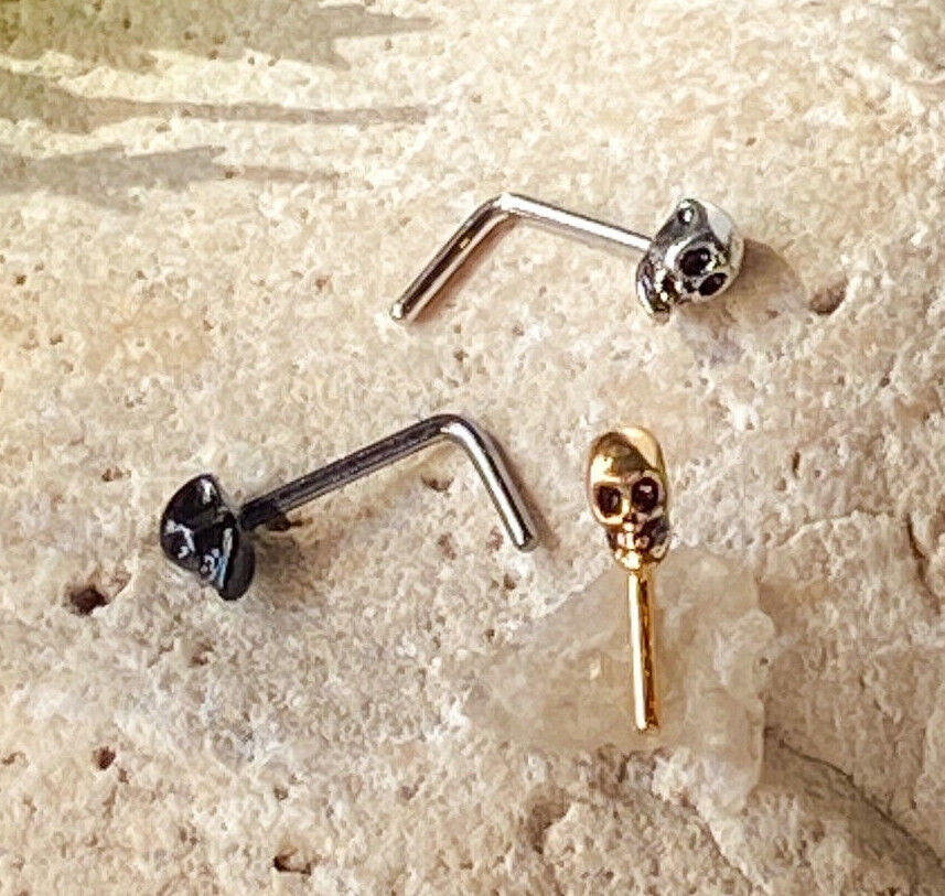 1pc Skull L-Bend Nose Ring 20g Steel L-Shape Nostril Screw Stud Body Jewelry