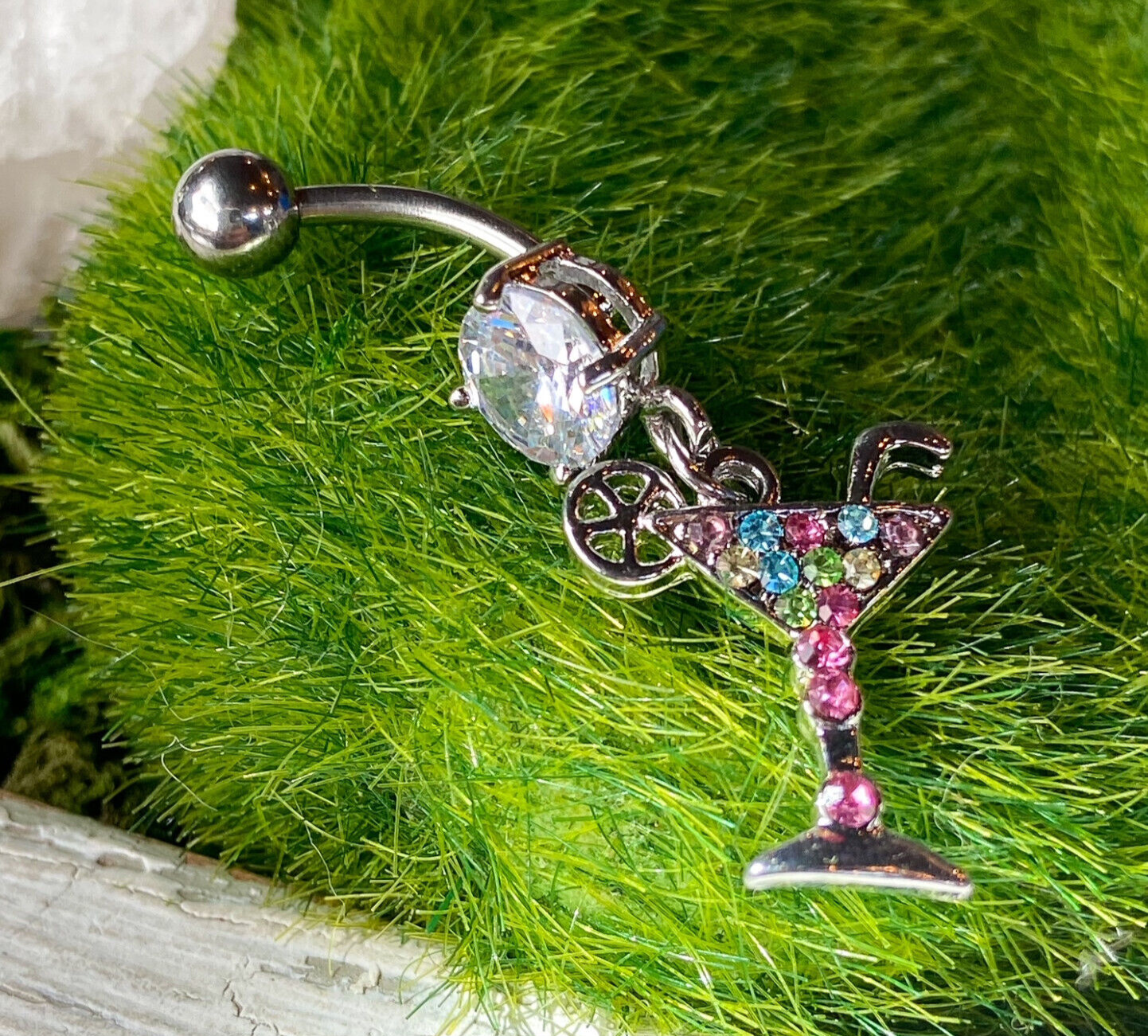 Martini Dangle Multicolor CZ Gem Belly Ring Navel Piercing Pierced Naval Jewelry