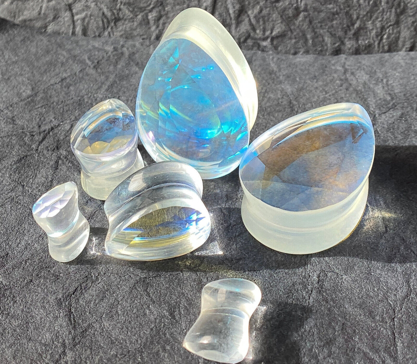 PAIR Luminous Moonstone Iridescent Faceted Glass Teardrop Plugs Tunnels Gauges