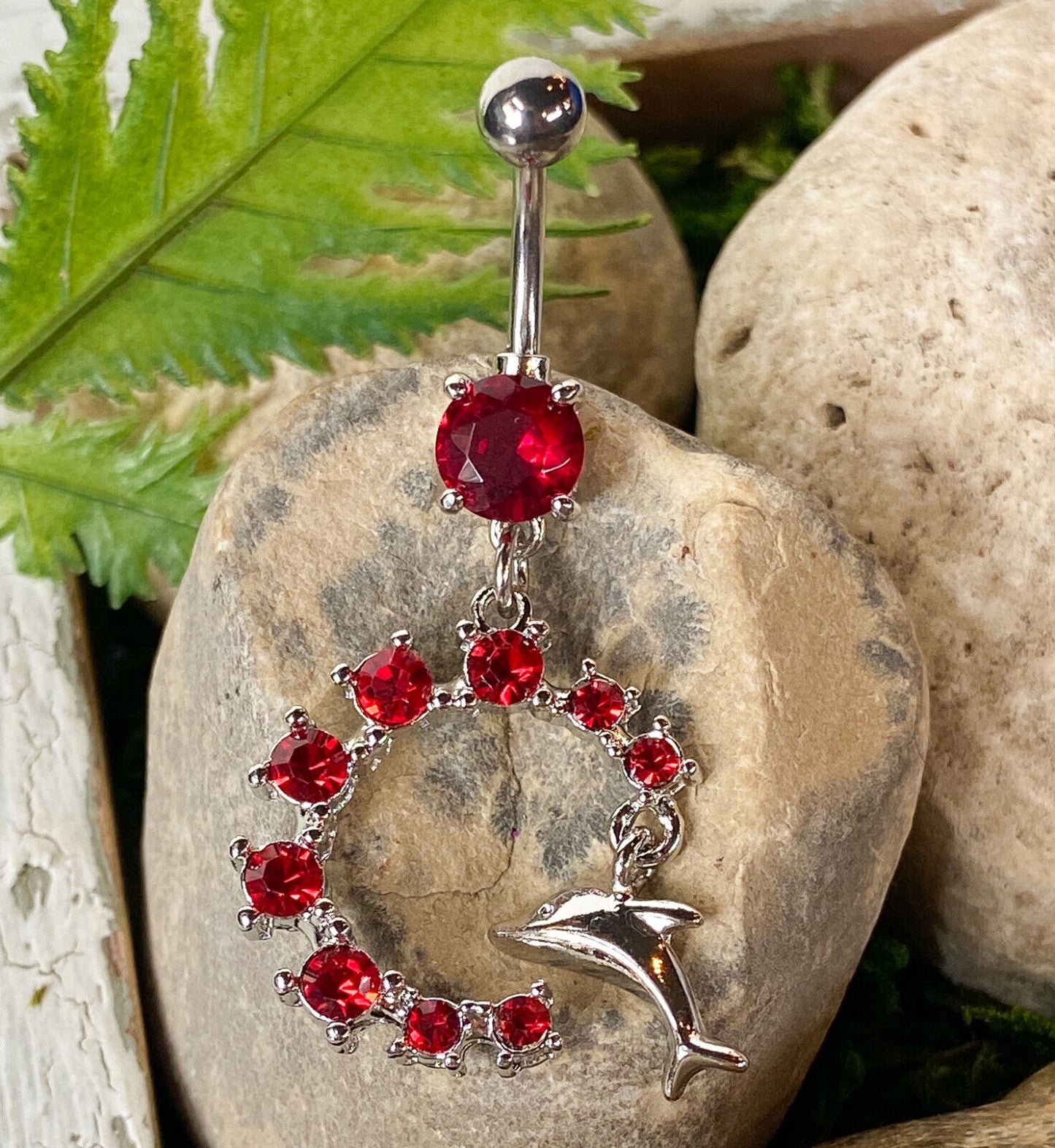 Dolphin Dangle Semi Circle CZ Gem Belly Ring Navel Naval Semi-Circle