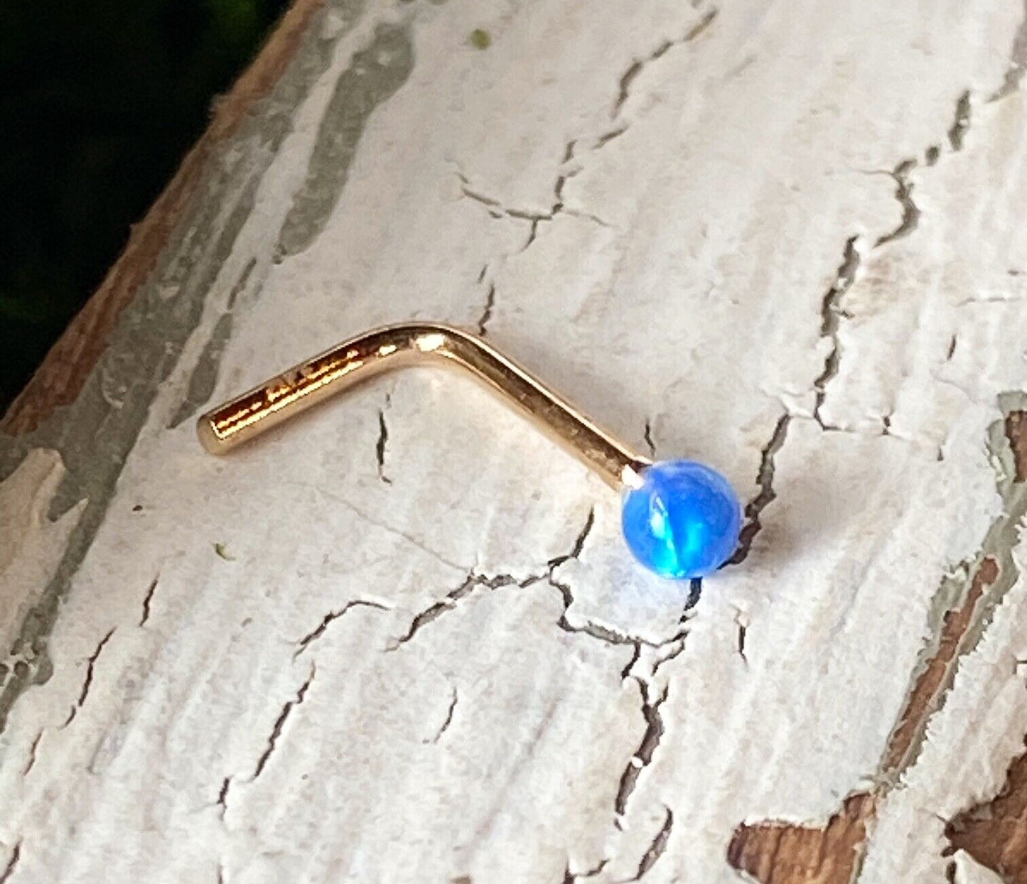 1pc 14kt Yellow Gold 20g Opal Ball L-Bend Nose Ring Nostril Piercing Stud Screw