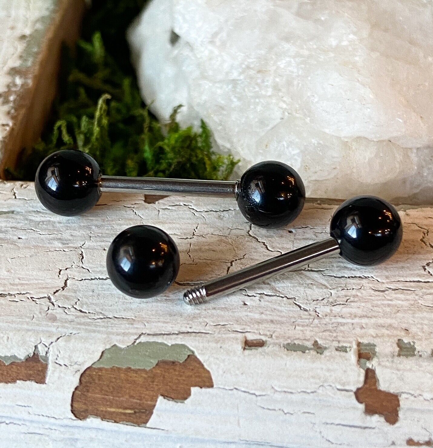 PAIR Natural Stone Nipple or Tongue Rings 14g Barbells 316L Steel Body Jewelry - Available Only In Black Agate