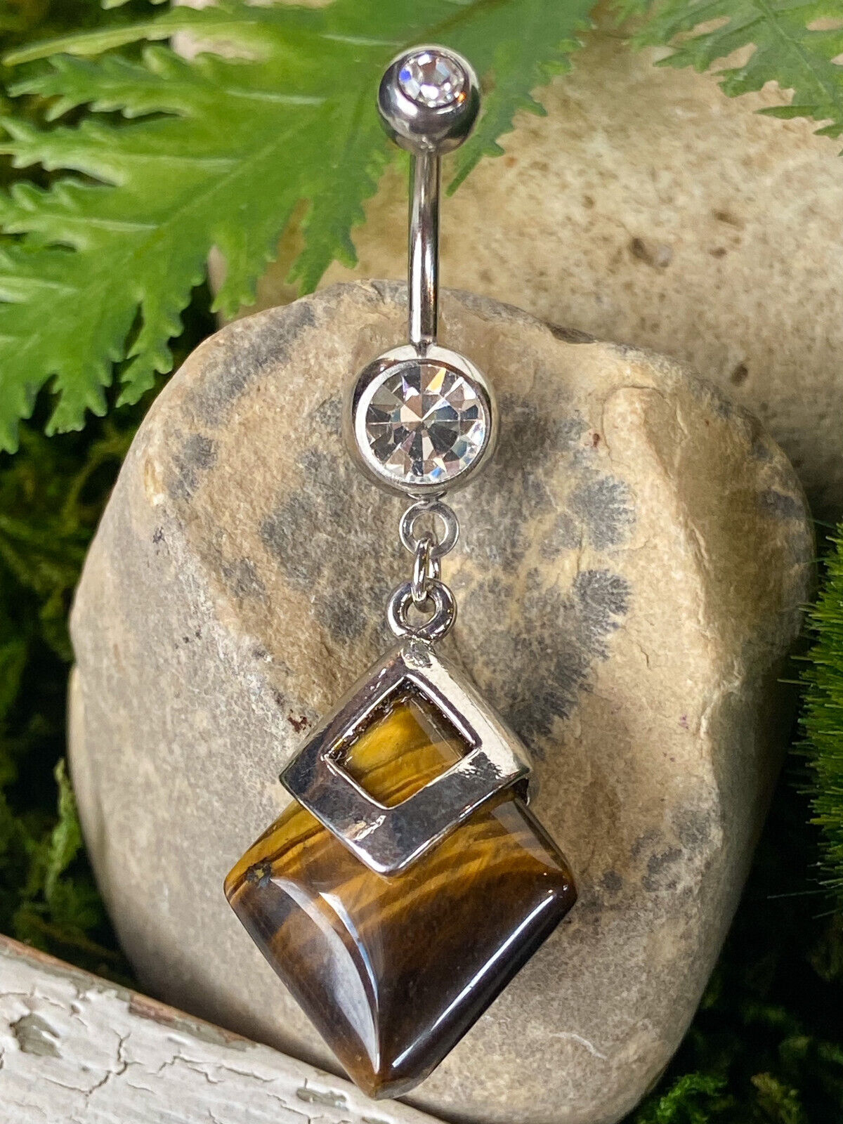 Diamond Shaped Semi-Precious Belly Ring Natural Stone Pierced Navel Naval 14g