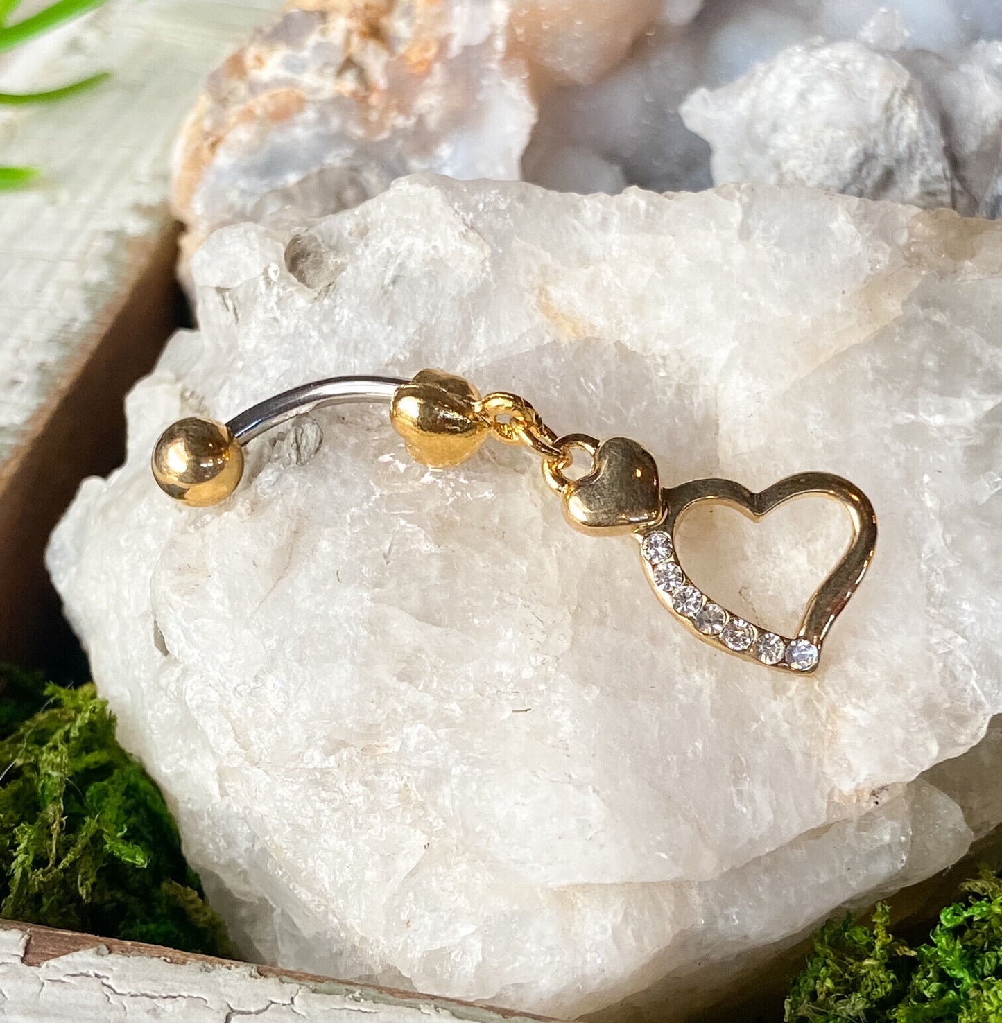 Gold Hollow Heart Dangle CZ Gem Belly Ring Navel Piercing Pierced Naval Jewelry