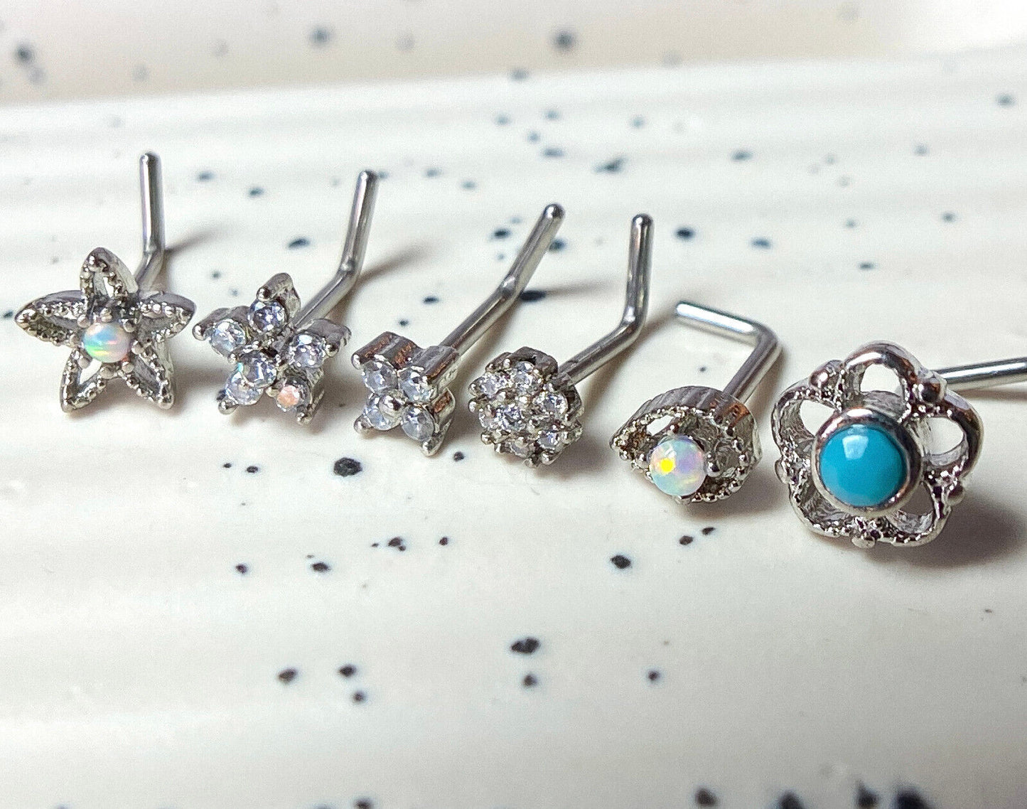 6pc Box Set Opal / Turquoise / CZ Gem Shapes 20g Steel L-Bend Nose Rings