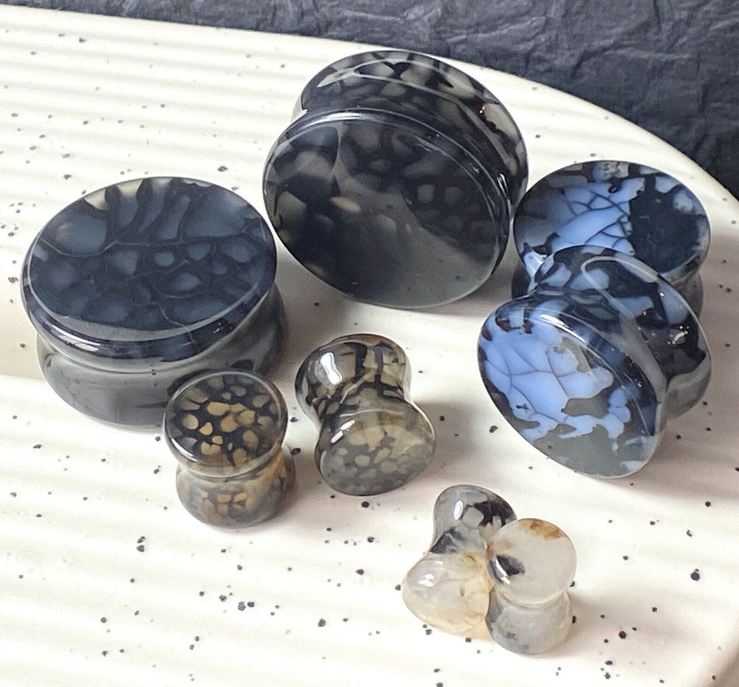 PAIR Black Dragons Vein Agate Stone Double Flare Plugs Organic Earlets Gauges