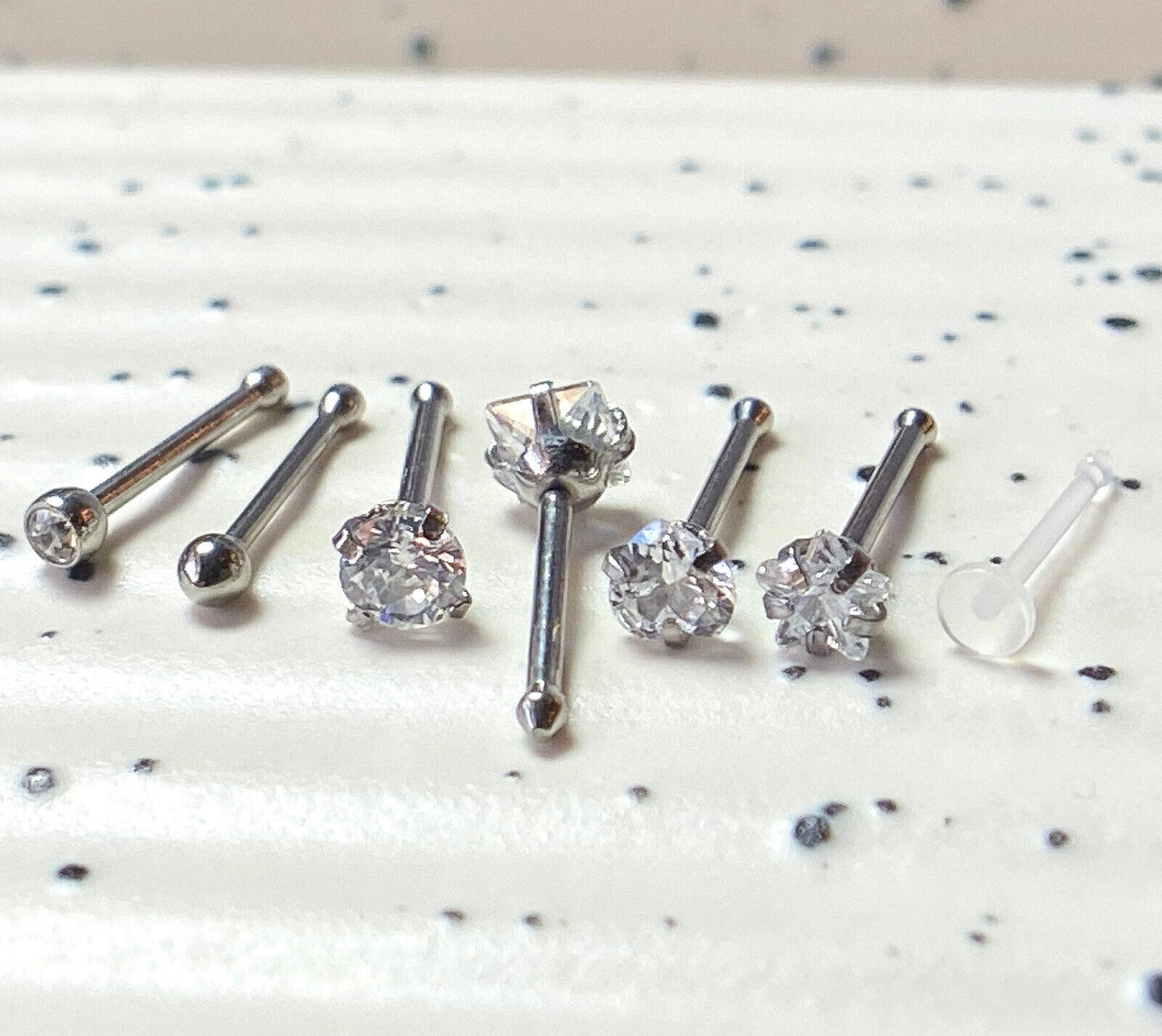 7pc Box Set CZ Gem Shapes 20g Steel Nose Stud Bone Rings, w/ Retainer