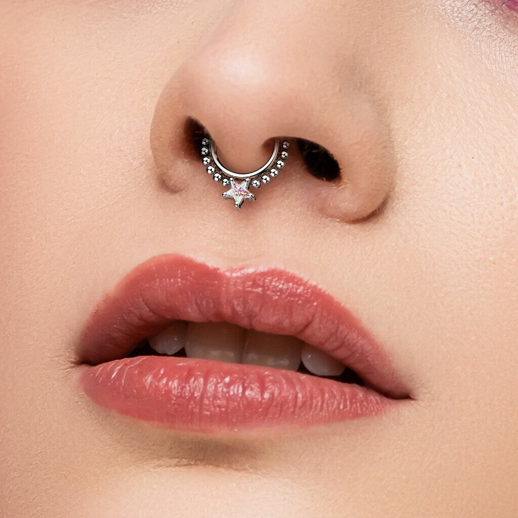 1pc Star CZ Gem & Beads Hinged Segment Ring 16g Septum Clicker Helix Cartilage