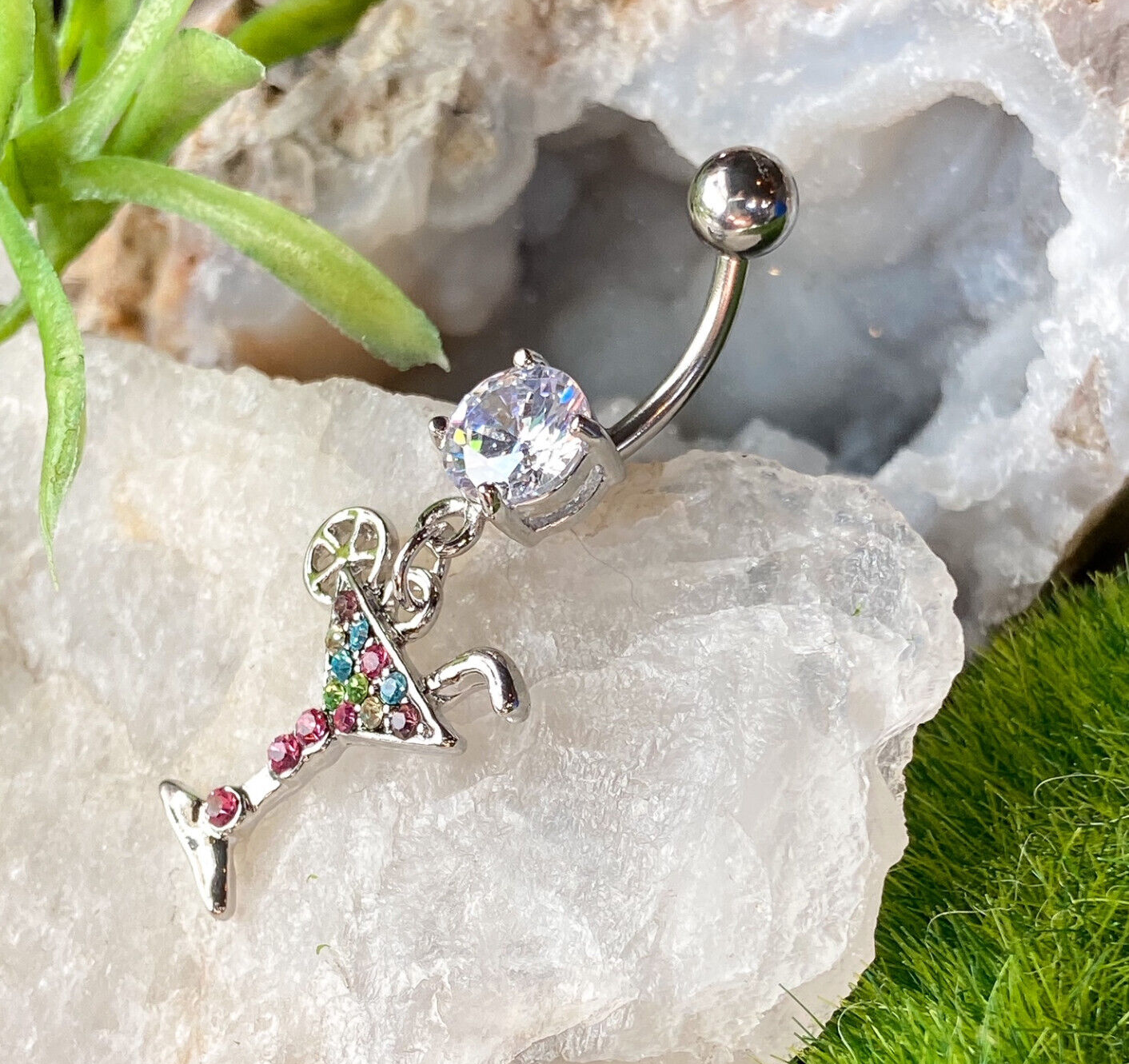 Martini Dangle Multicolor CZ Gem Belly Ring Navel Piercing Pierced Naval Jewelry