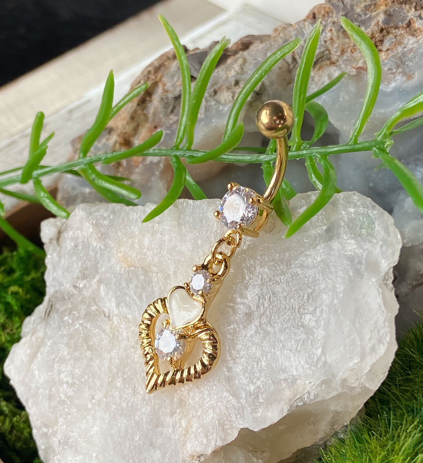 14kt Gold Plated Gemmed Heart Belly Ring Navel Naval Pierced Body Jewelry Dangle