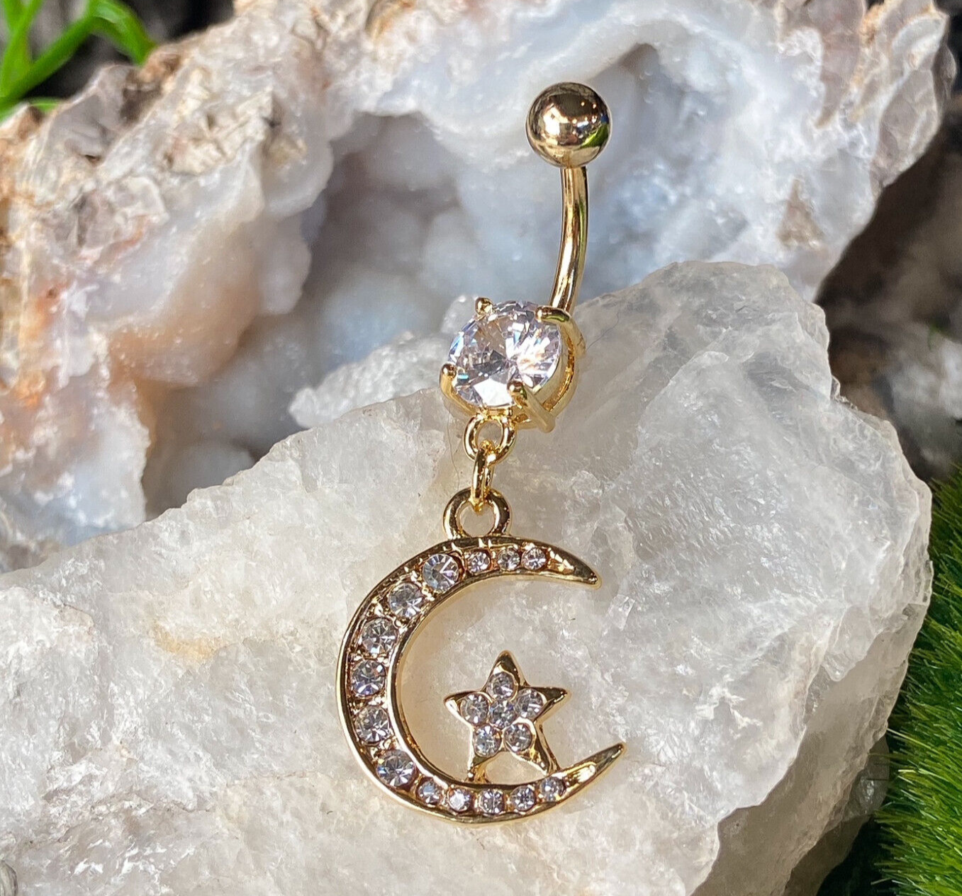 Gold Moon CZ Clear Gem Dangle Belly Ring Navel Piercing Pierced Naval Jewelry