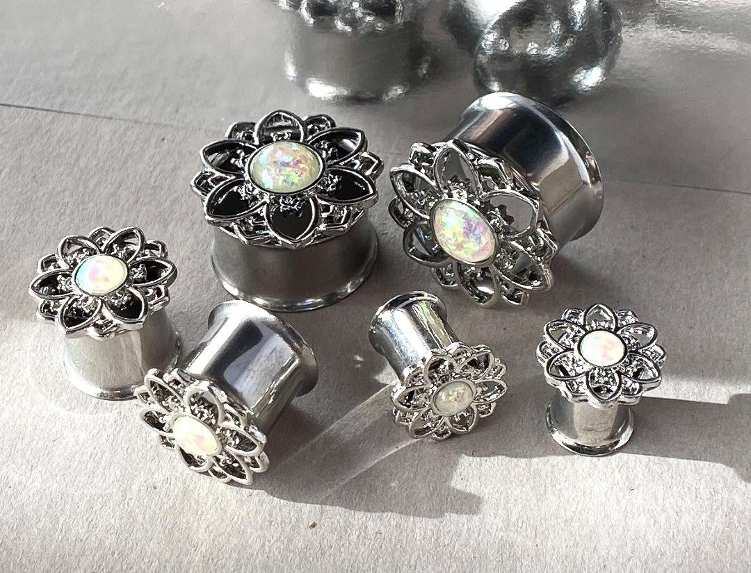 PAIR Flower w/ Opal Center Double Flare Steel Tunnels Plugs Gauges Body Jewelry