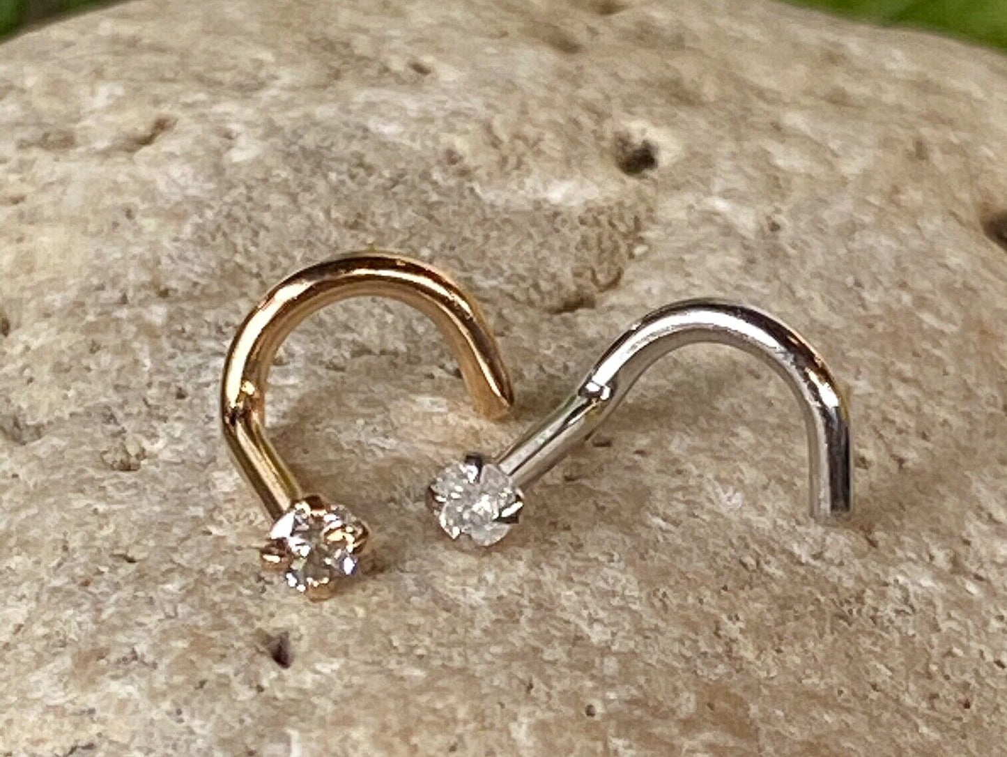 14kt Solid Gold 2mm Diamond Nose Ring, Yellow or White, 20g, 18g, stud or screw