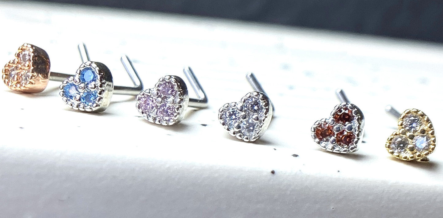 1pc CZ Gem Paved Heart L-Bend 20g Nose Ring Stud Screw 316L Surgical Steel