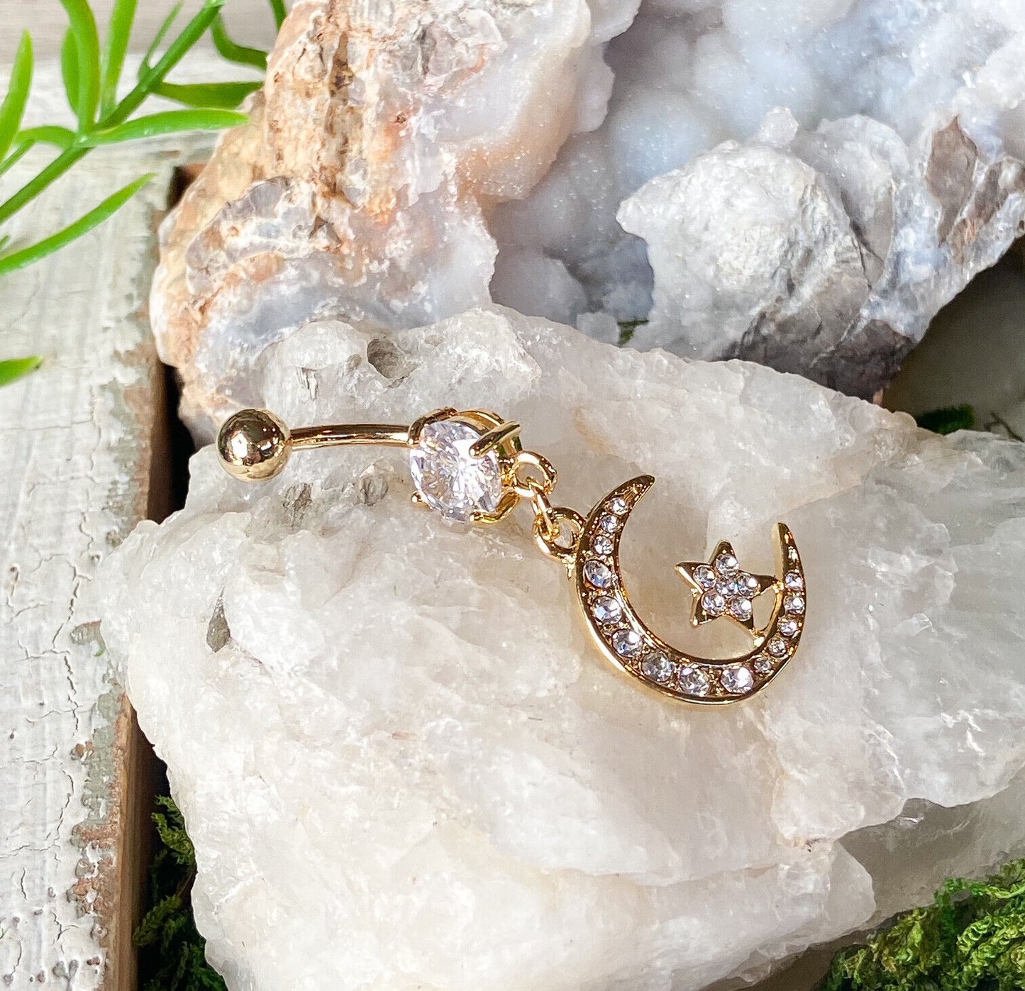 Gold Moon CZ Clear Gem Dangle Belly Ring Navel Piercing Pierced Naval Jewelry