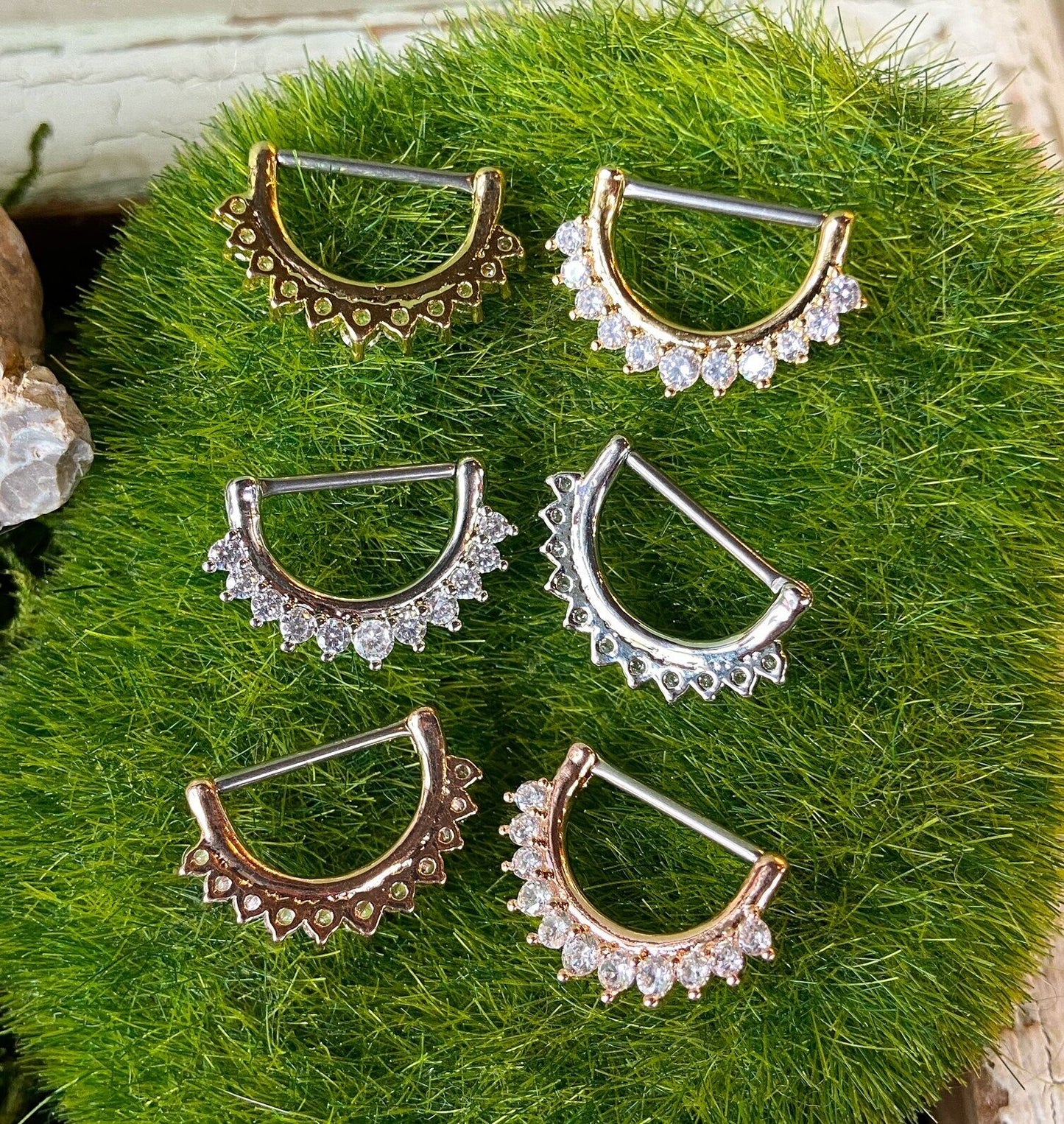 PAIR Lined CZ Gem Set Nipple Clicker Shields Rings Pierced Body Piercing Jewelry