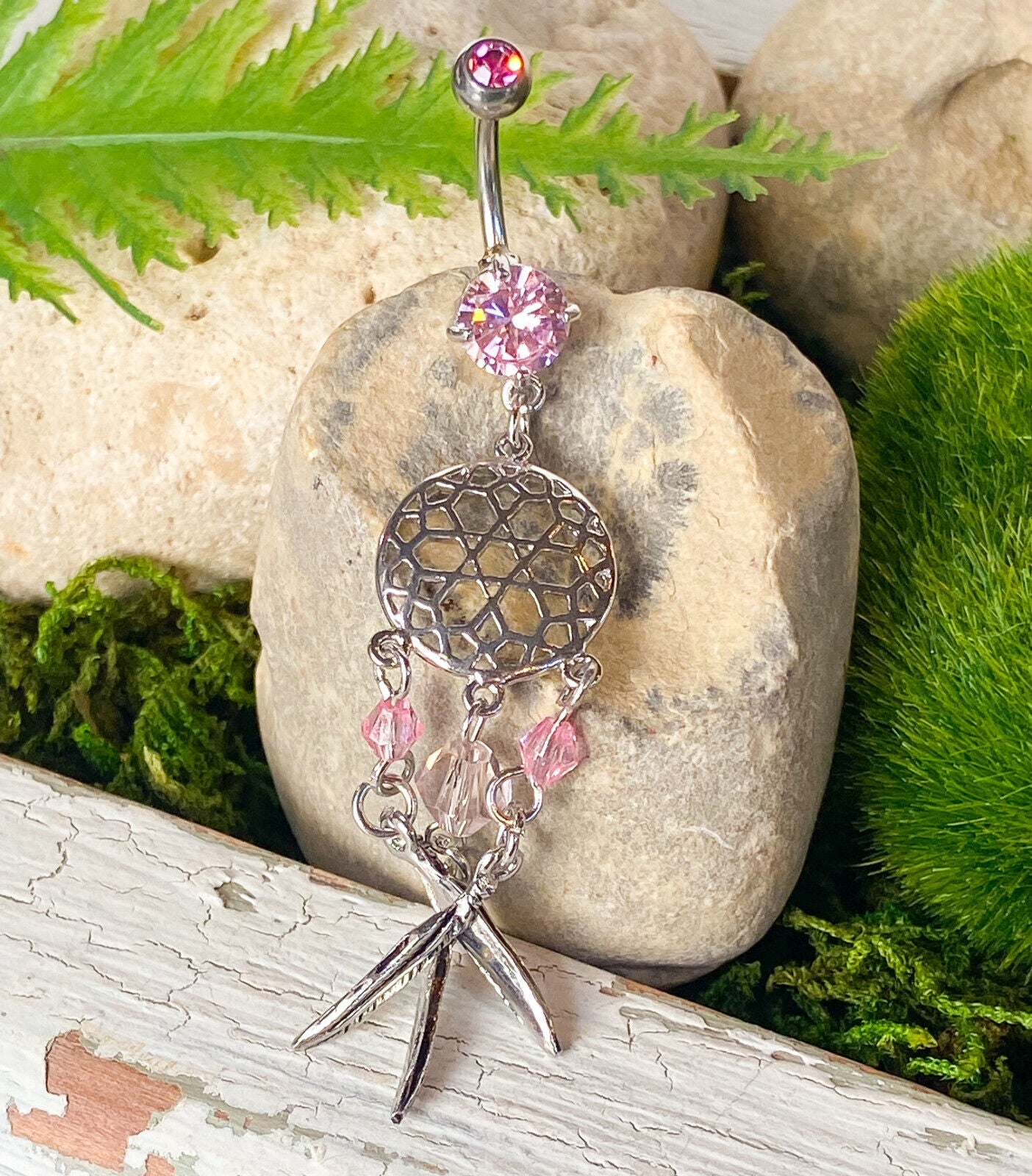 Dream Catcher Beaded Feather CZ Gem Belly Ring Pierced Navel Clear, Pink, Aqua