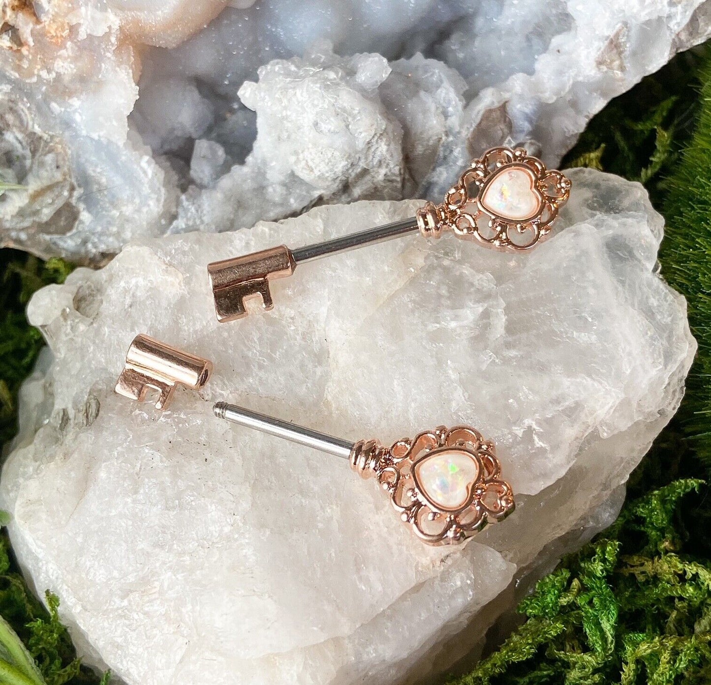 PAIR Opal Glitter Heart Vintage Key Nipple Rings Shield Barbells 14g 14 gauge