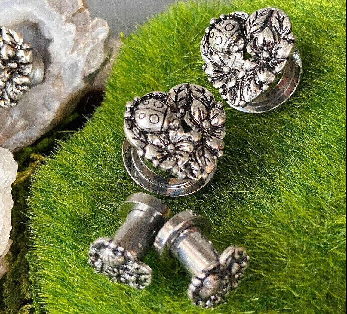 PAIR Heart, Flowers, Ladybug Steel Screw Fit Tunnels Ear Plugs Earlets Gauges