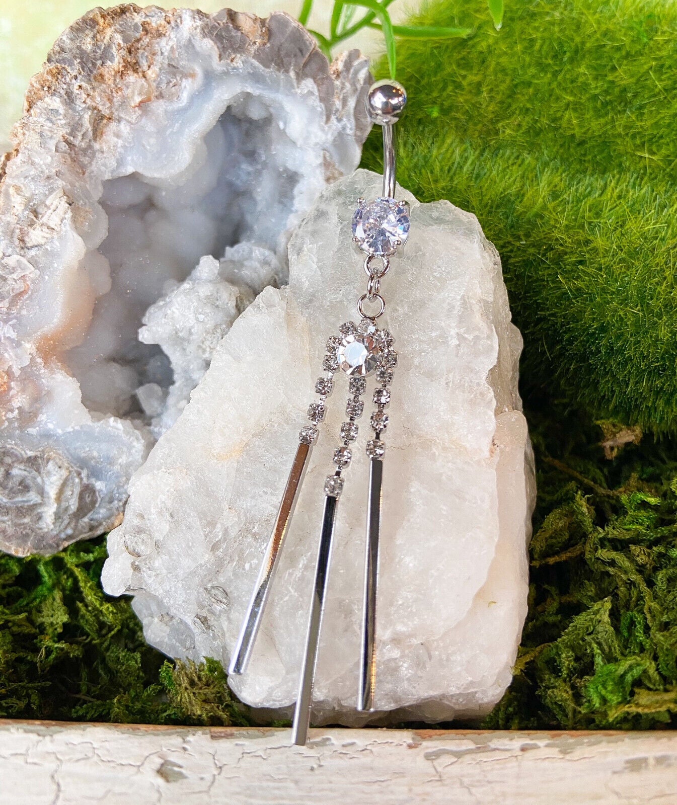 Triple Chime Clear CZ Gem Dangle Belly Ring Navel Piercing Pierced Naval Jewelry