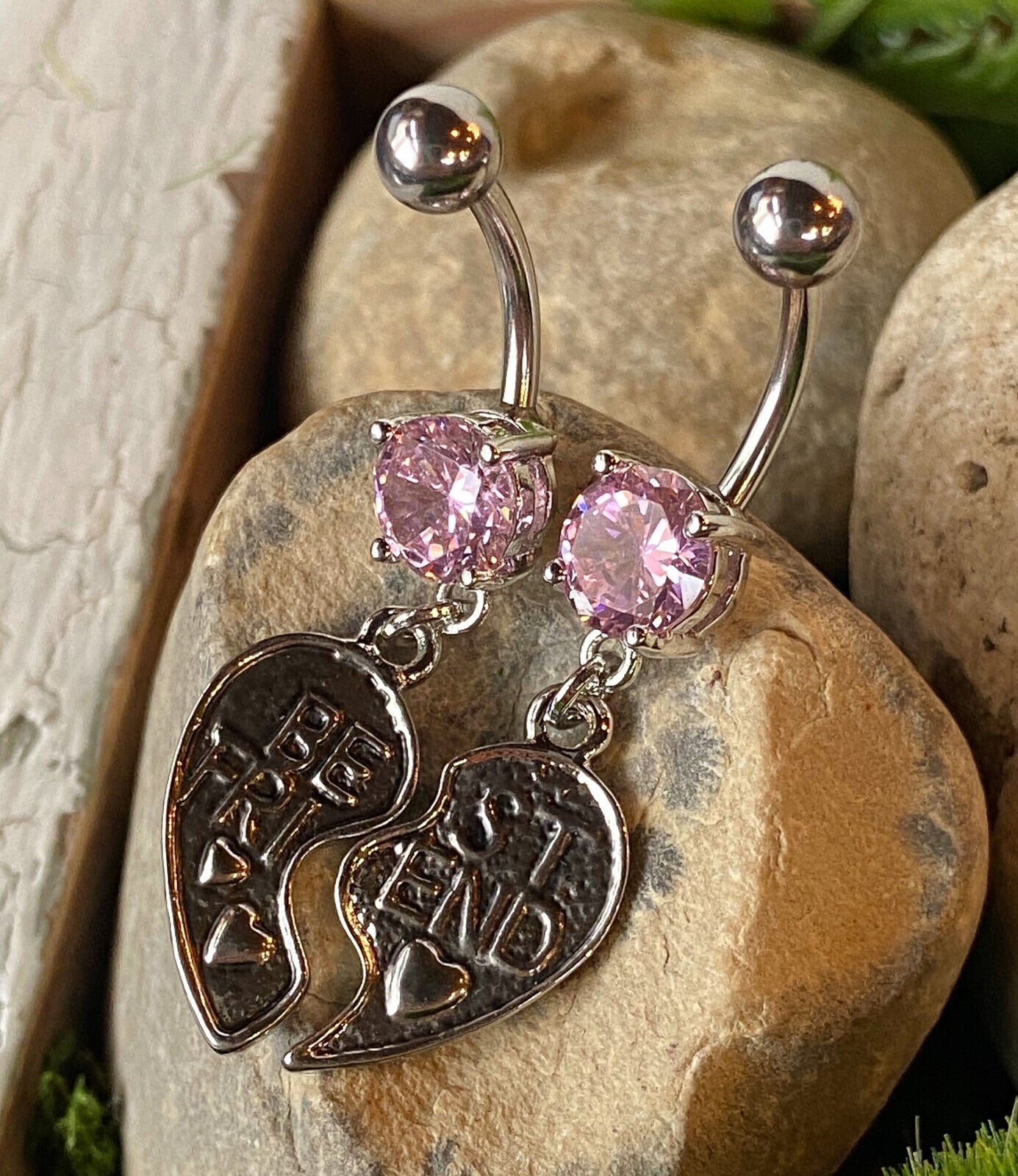 2pc Set of Best Friends Heart CZ Gem Belly Ring Set Pair Navel Piercing Naval