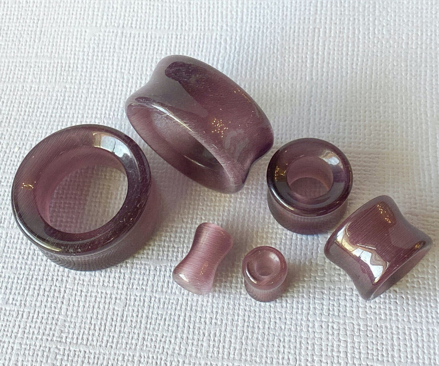 PAIR Concave Purple Cat Eye Stone Plugs Double Flare Tunnel Earlet Gauges