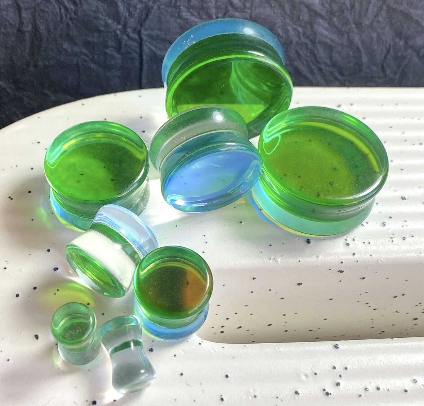 PAIR Green Iridescent Glass Double Flare Plugs Gauges Tunnels Body Jewelry