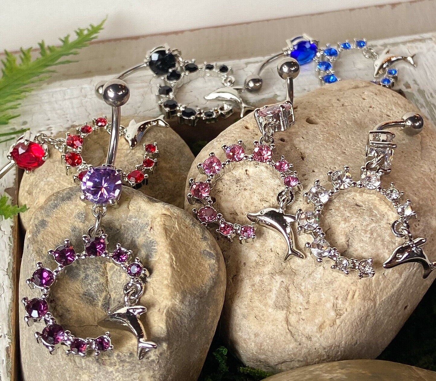 Dolphin Dangle Semi Circle CZ Gem Belly Ring Navel Naval Semi-Circle