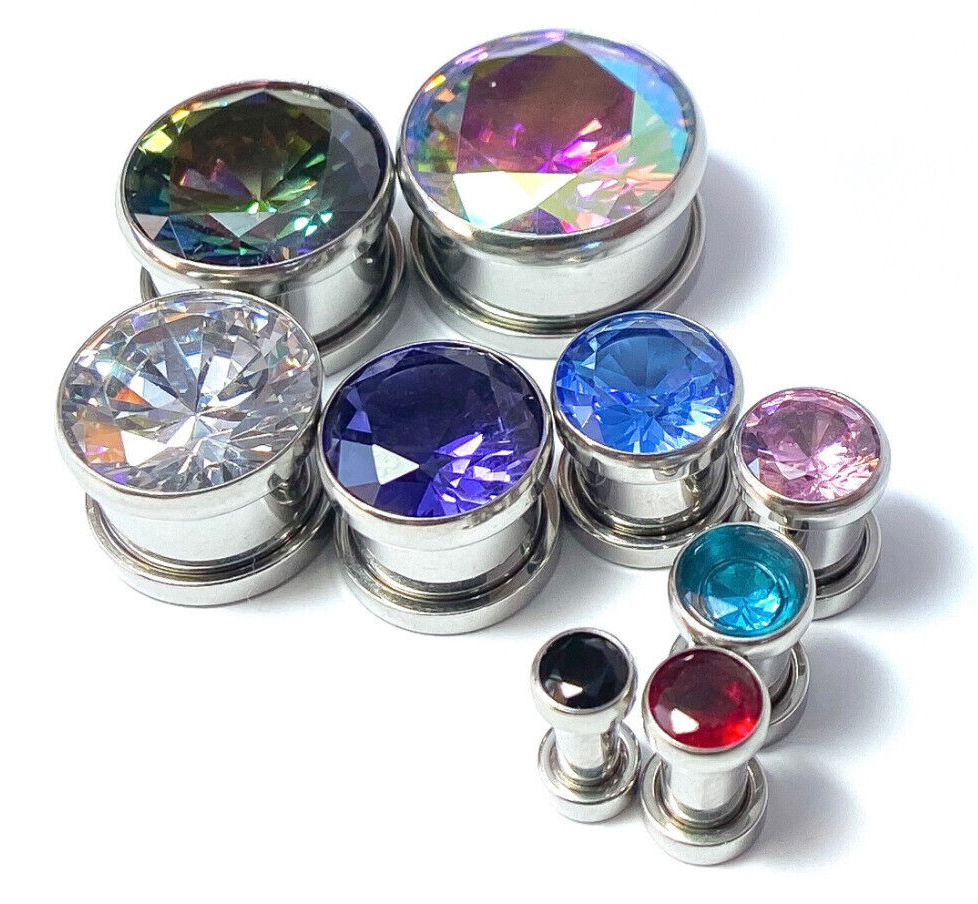 PAIR Large Vitrail Gem Screw Fit Tunnel Plugs Gauges Body Jewelry Piercing