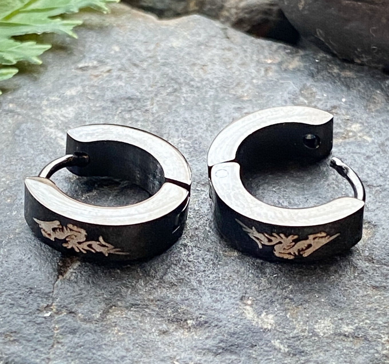 PAIR of Black Steel Hinged Hoop Huggies Earrings w/ Dragon Print Jewelry
