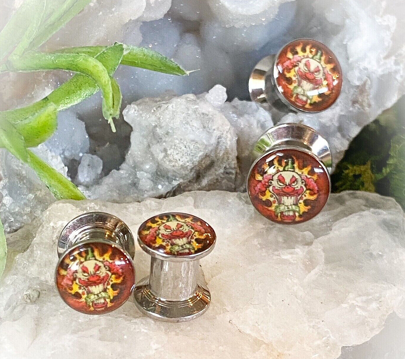 PAIR Steel Red Insane Clown Logo Stash Plugs Gauges Earlet Body Piercing Jewelry