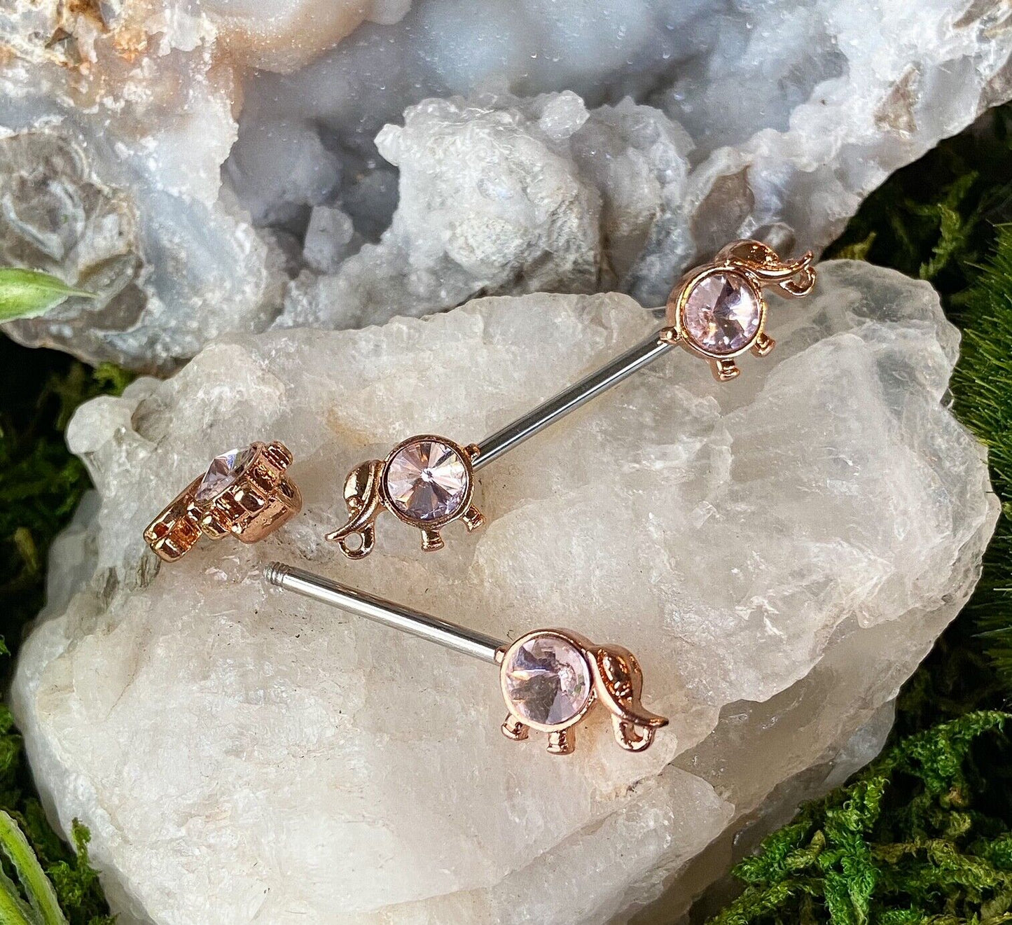 PAIR Round Crystal Gem Elephant Nipple Rings Shield Barbells 14g 14 gauge