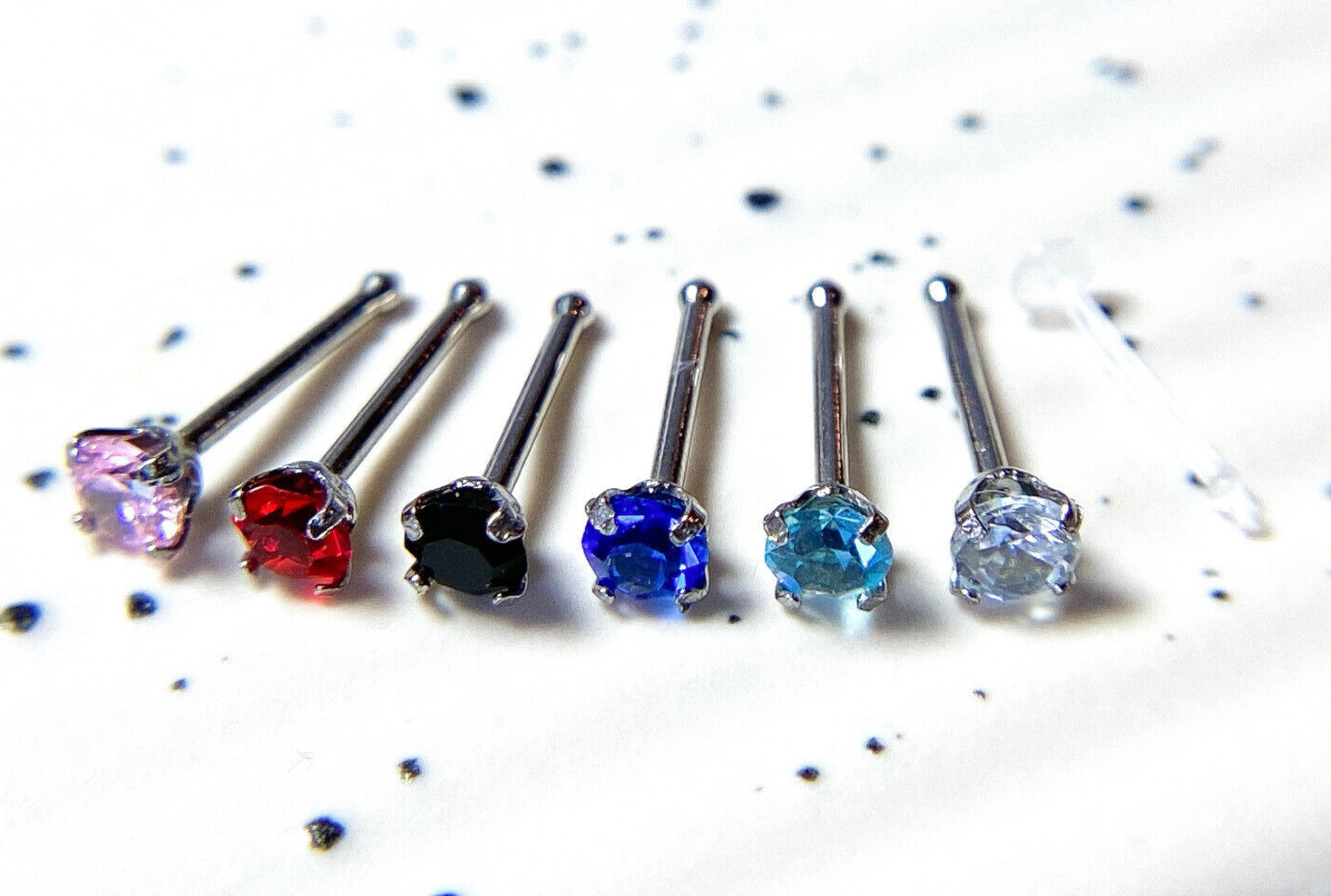 7pc Box Set CZ Gem 20g Steel Nose Stud Bone Rings, includes Retainer