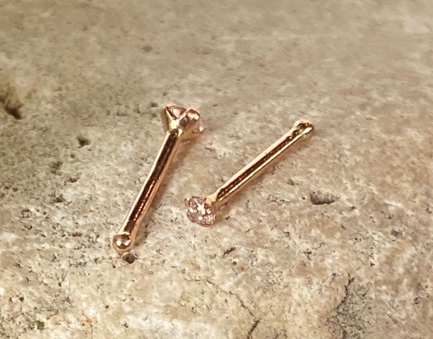14kt Solid Rose Gold Nose Ring 1.5mm or 2mm CZ Gem 20g 20 gauge stud screw bone