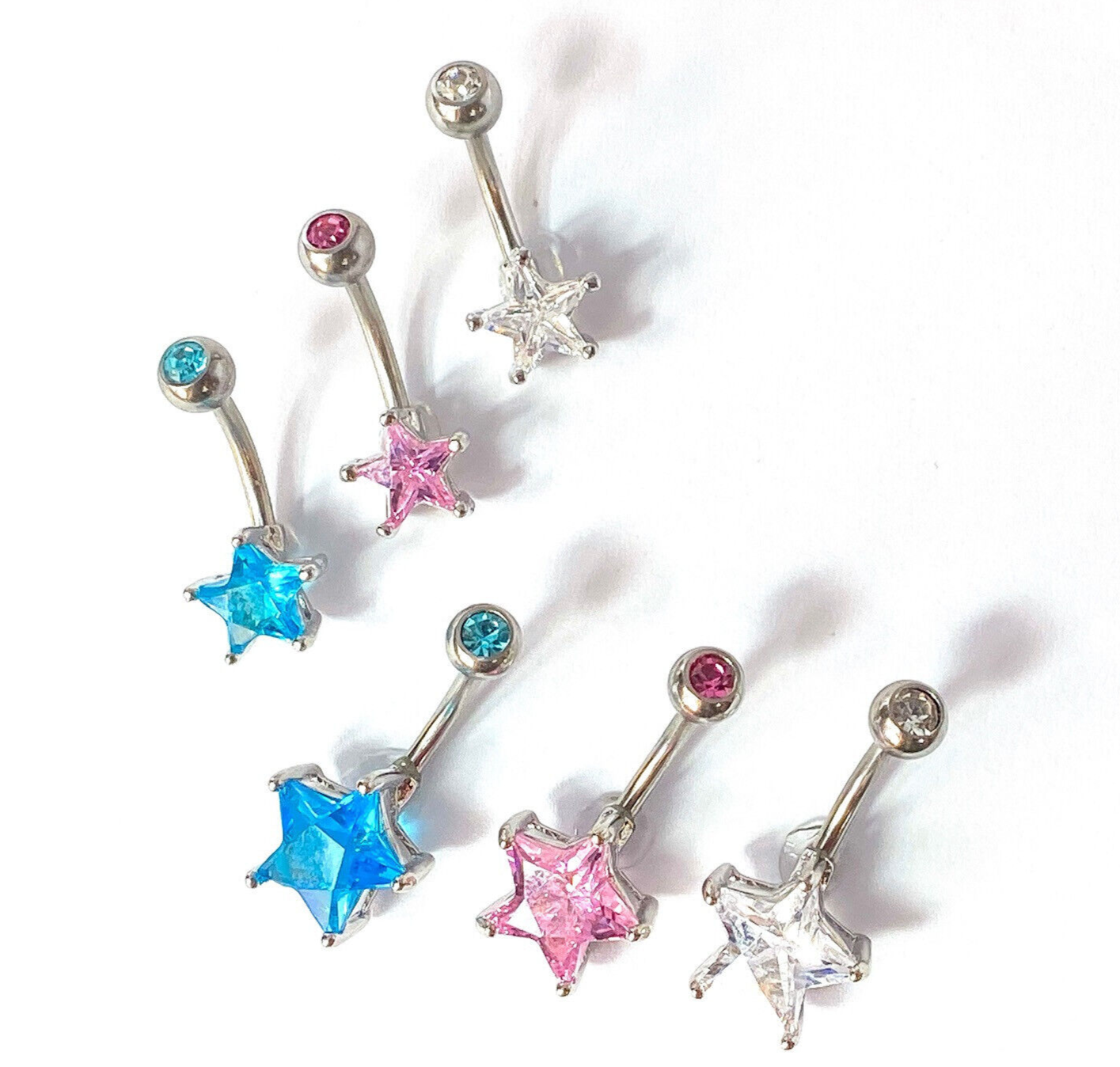3pc Value Pack Star Prong Set CZ Gem Surgical Steel Belly Rings Navel Naval