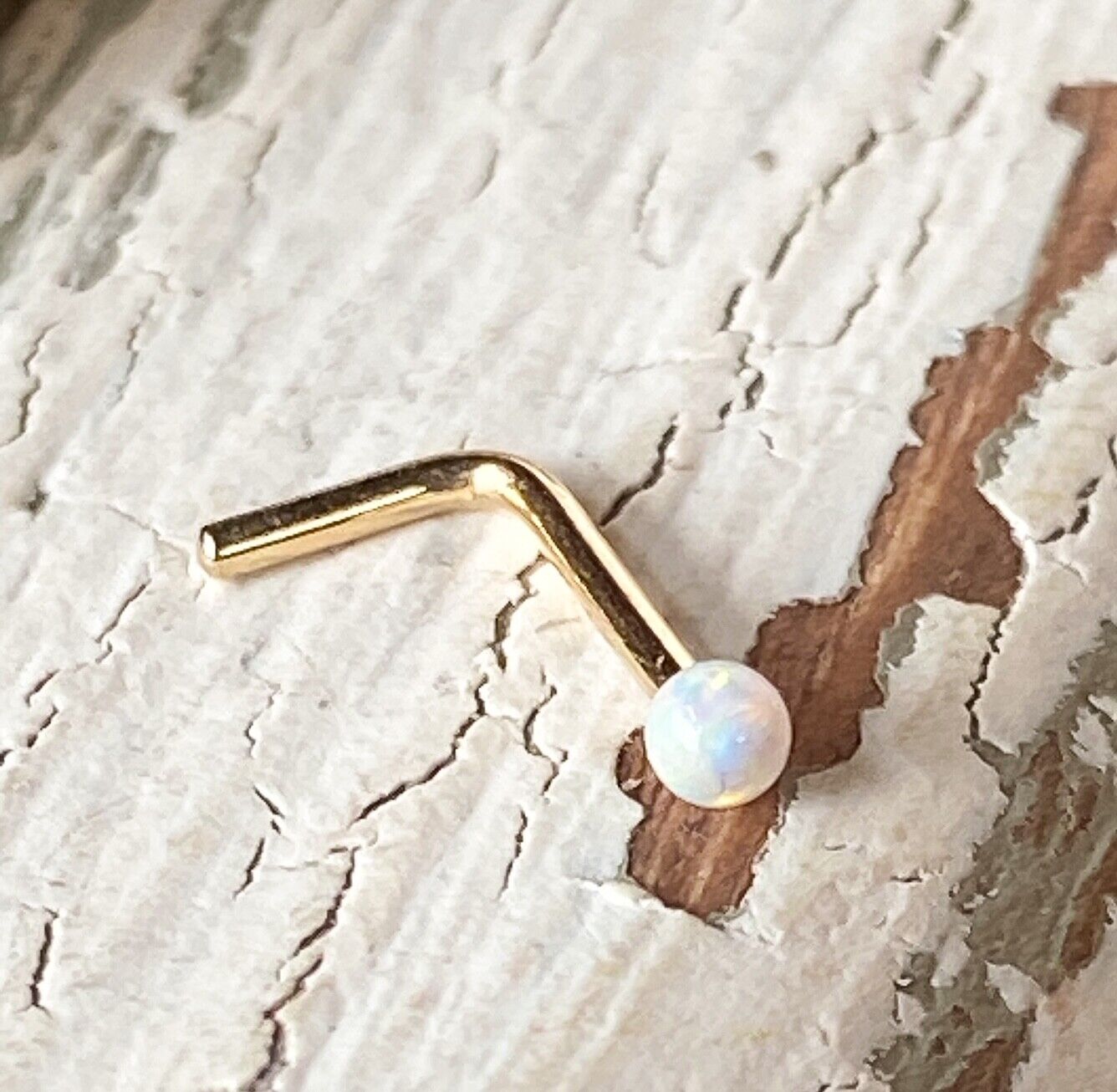 1pc 14kt Yellow Gold 20g Opal Ball L-Bend Nose Ring Nostril Piercing Stud Screw