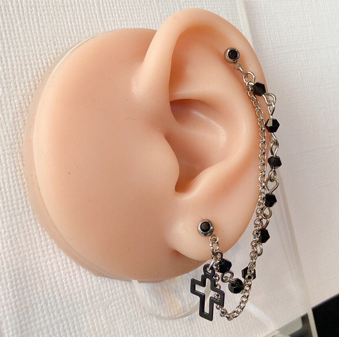 Steel Double Chain Linked Beaded Cross Ring with Cartilage Tragus Helix Barbell