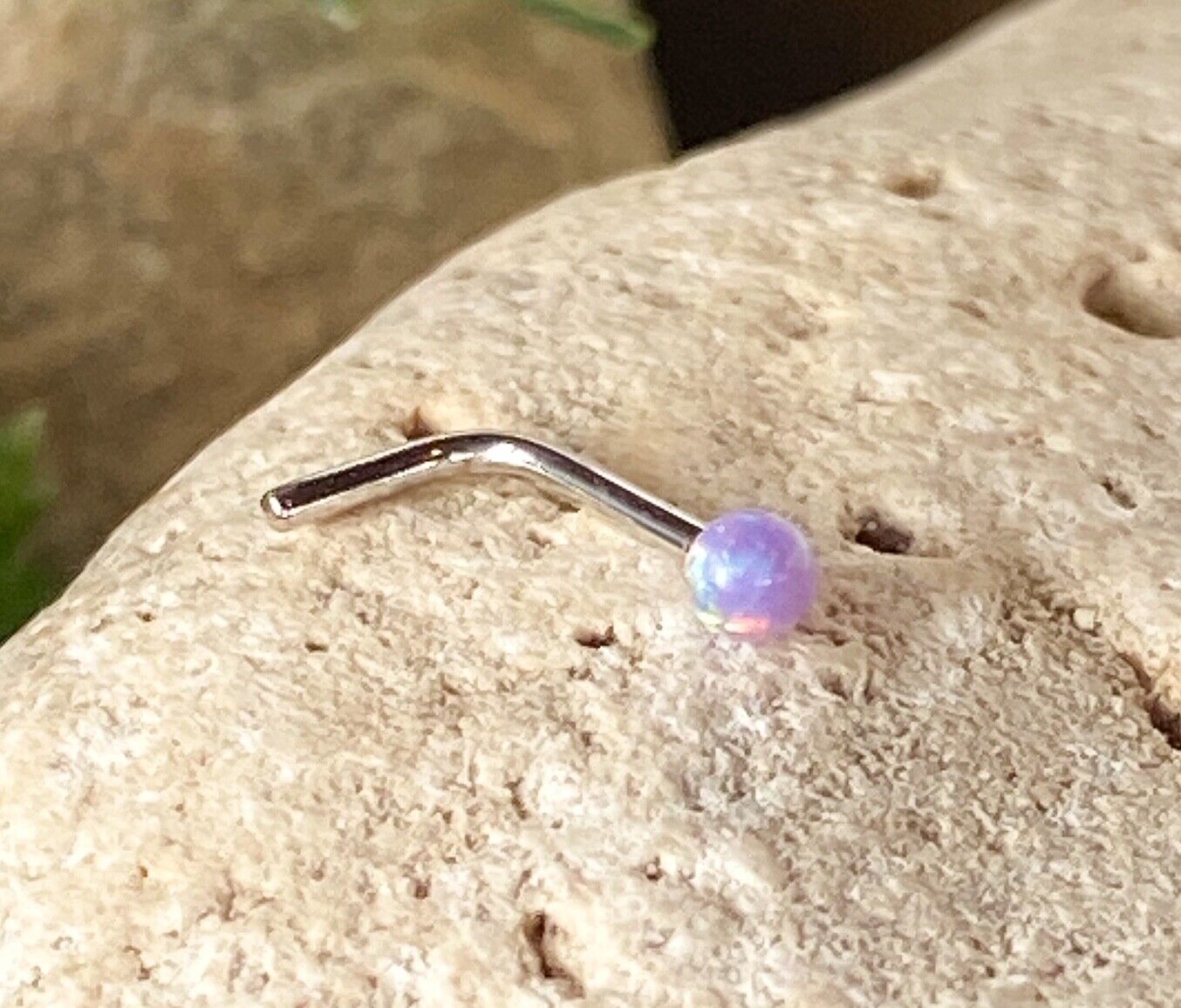 1pc 14kt White Gold 20g Opal Ball L-Bend Nose Ring Nostril Piercing Stud Screw